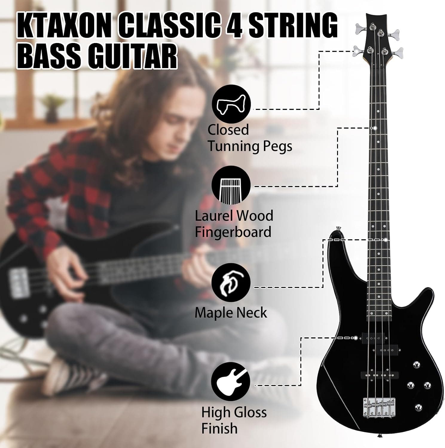 Ktaxon Electric Bass Guitar 4 String Bass Guitar Kit-Black | Full Equipment with 20 Watt Amplifier | PJ Type Pickup, Naturally Air-dried Maple Neck, Rosewood Fretboard & Basswood Body