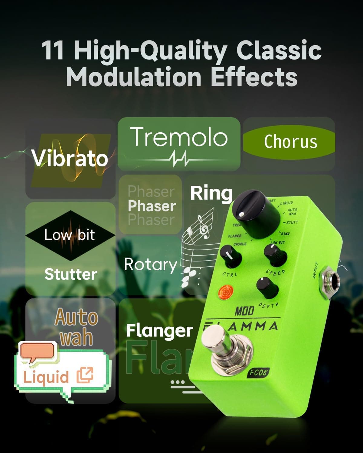 FLAMMA FC05 Modulation Guitar Pedal with Chorus Flanger Tremolo Phaser Vibrato Rotary Liquid Autowah Stutter Ring LowBit