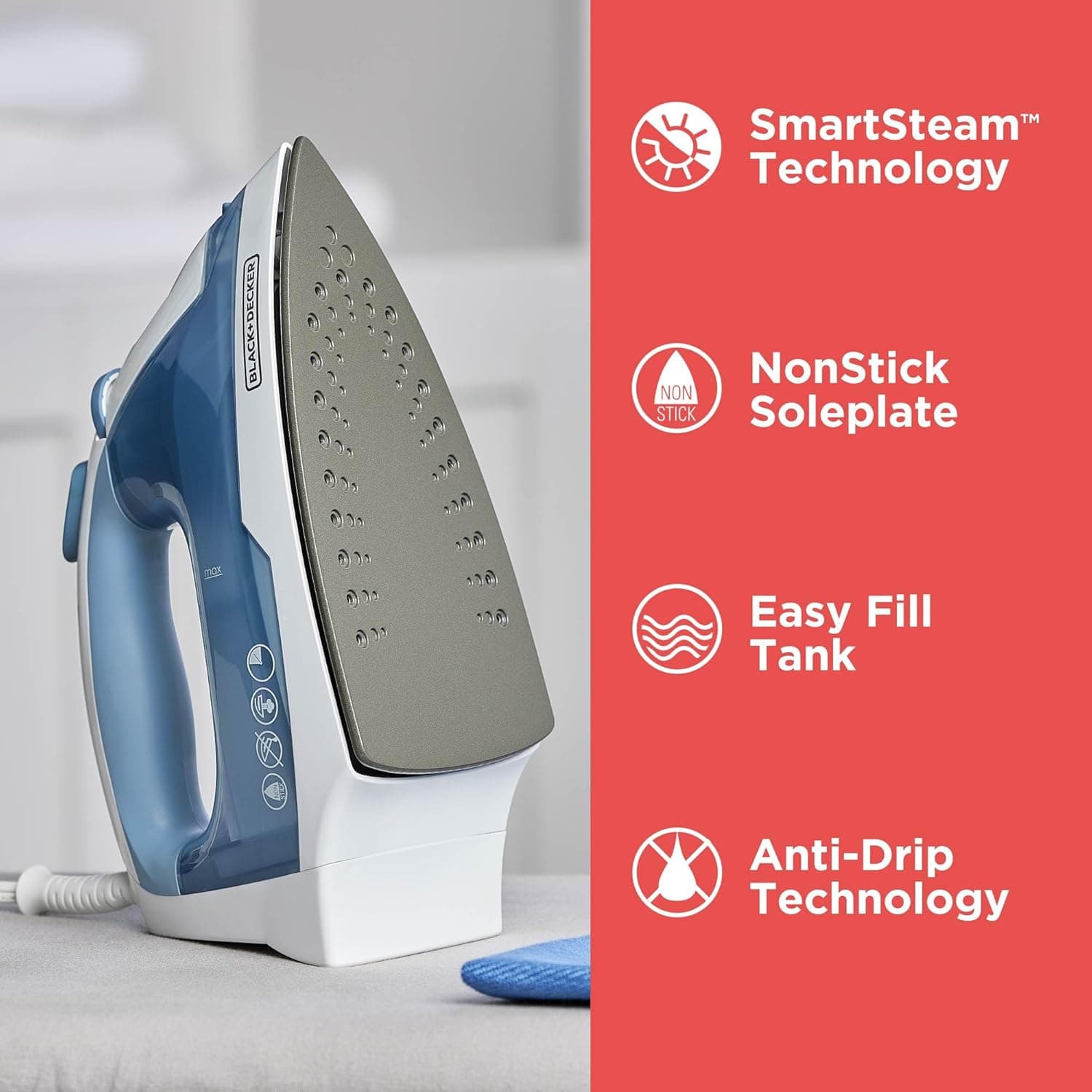 BLACK+DECKER Steam Iron for Clothes with Auto Shutoff & TrueGlide Soleplate