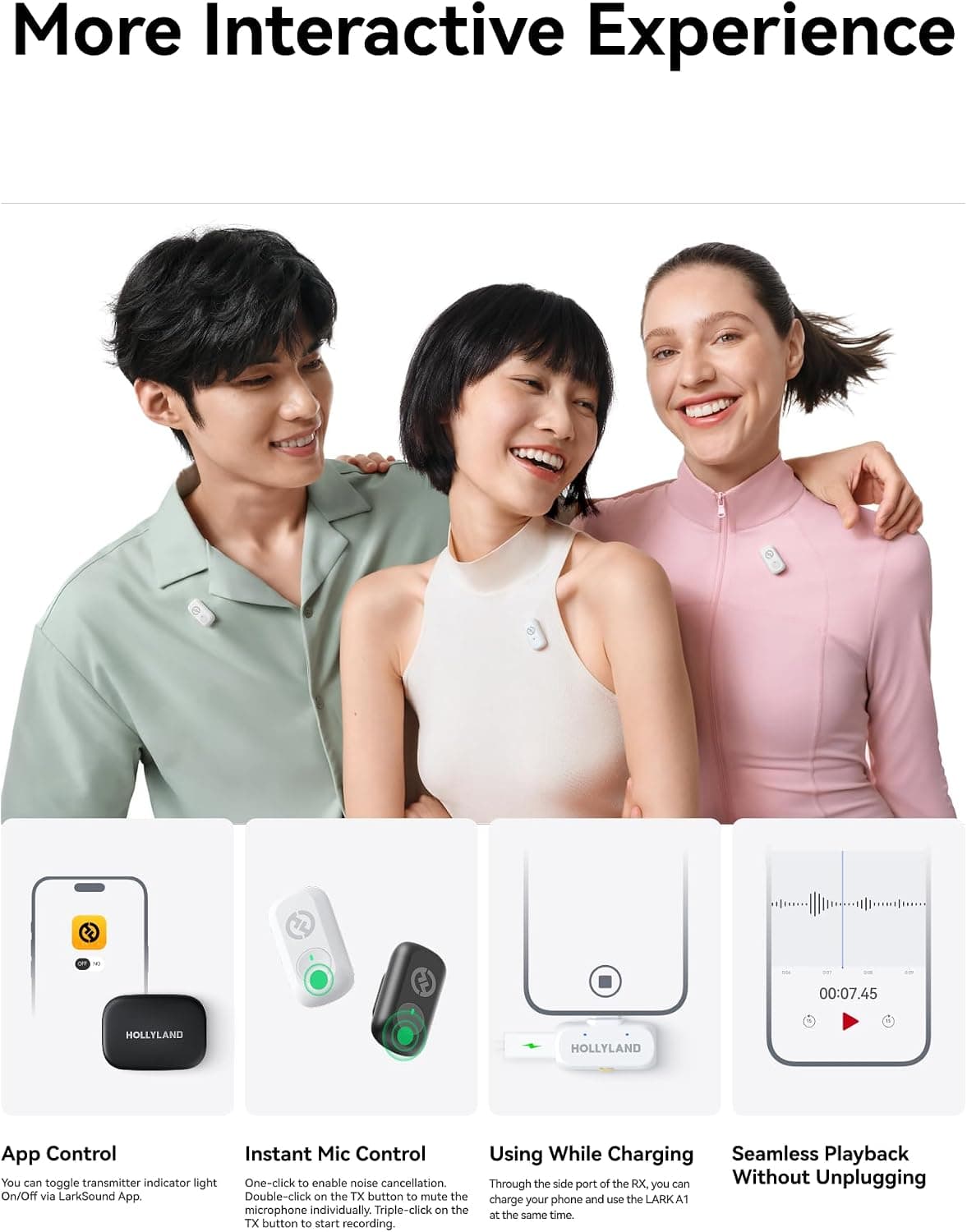 Hollyland Lark A1 Wireless Microphone for iPhone & Android, 48kHz/24-bit Studio Audio, 3-Level Noise Cancellation, 200m Range, Magnetic Mini Mic for Video Recording & Live Streaming (2TX + USB-C RX)