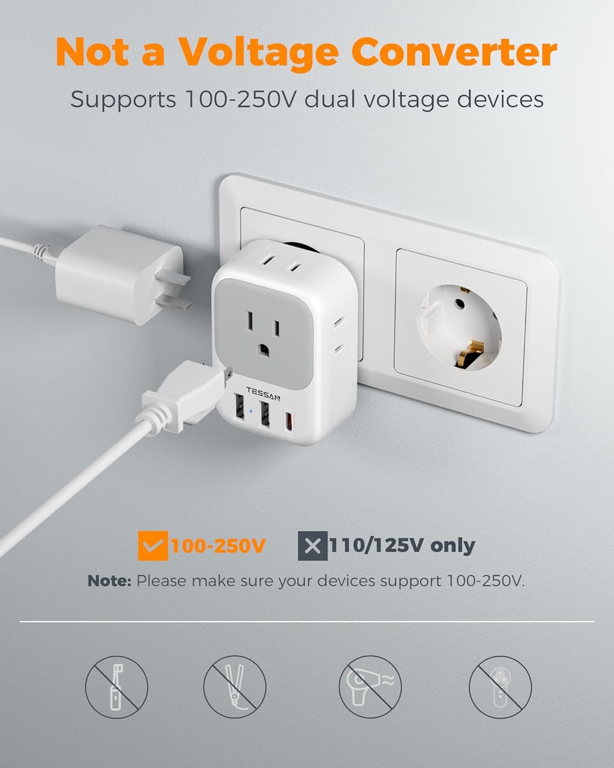 TESSAN 2 Pack European Travel Plug Adapter, Europe Power Converter | 4 Outlets 3 USB (1 USB C PD 20W), Type C International Plug, For Italy Spain France Portugal Iceland Germany
