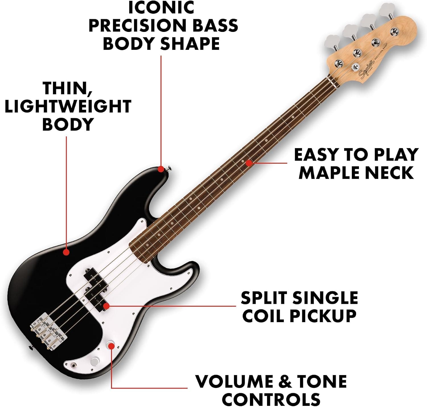 Fender Squier Debut Series Beginner Precision Bass Guitar Kit w/Amp, Black | Includes Rumble 15 amp, padded gig bag, cable, bass guitar starter kit, 2-year warranty, everything included