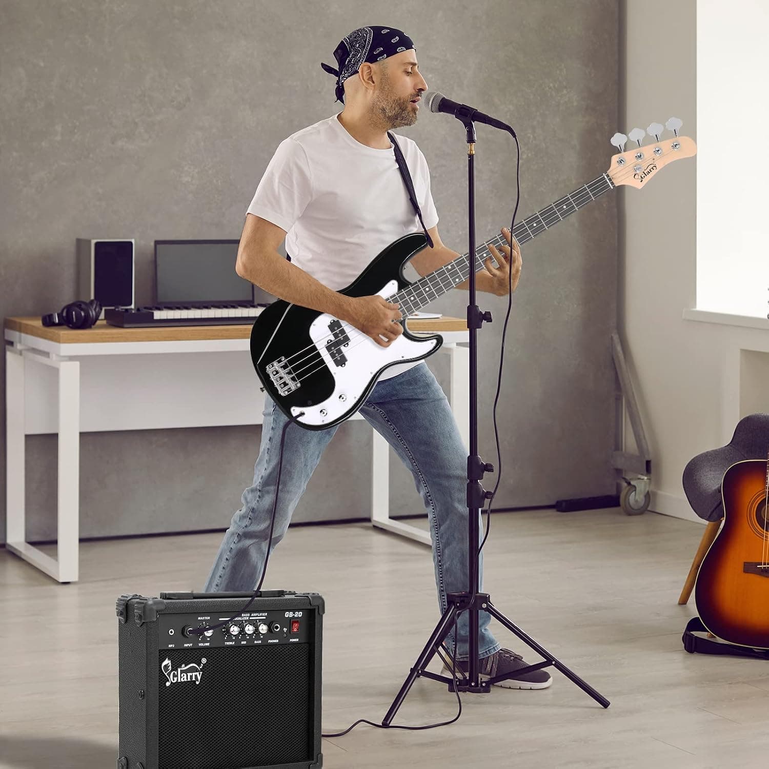 GLARRY Full Size Electric Bass Guitar Beginner Kit 4 String Exquisite Basswood Bass with 20W AMP, Cable, Strap, Bag and Accessories (Black, 39"Right Handed)