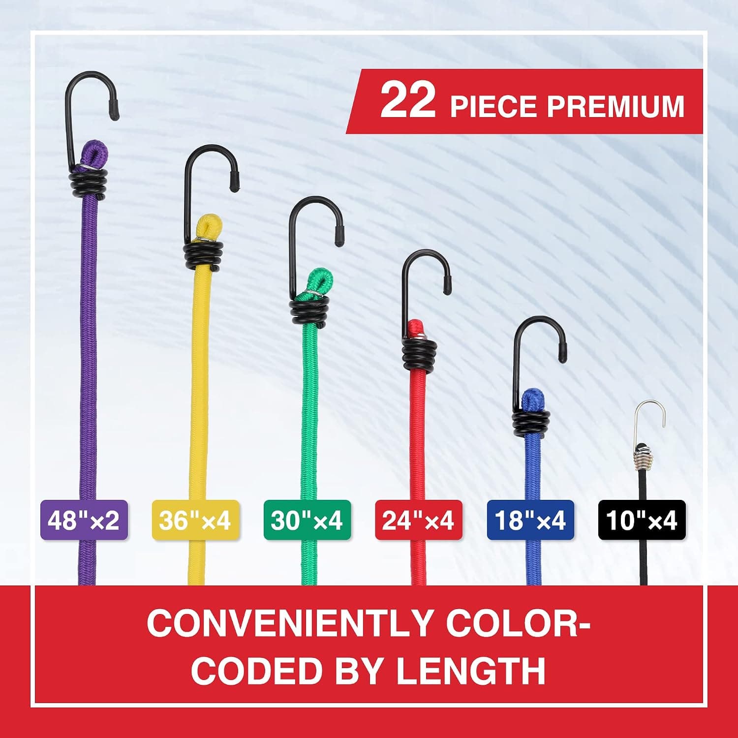WORKPRO Bungee Cords with Hooks, Heavy Duty Outdoor Bungee Strap, 22-Piece | in a Storage Jar, 10", 18", 24", 30", 36", 48" Bungie Cord Bundle Assortment with Metal Hook, for Luggage, Cargo, Multi-Color