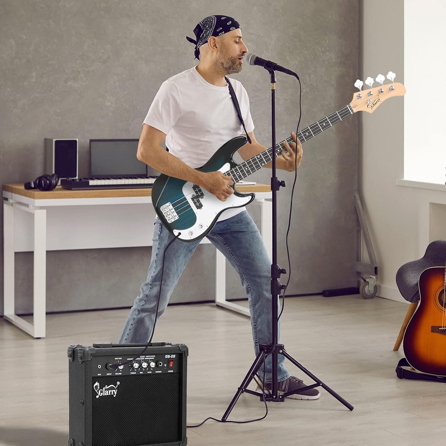 GLARRY Full Size Electric Bass Guitar Beginner Kit 4 String Exquisite Basswood Bass with 20W AMP, Cable, Strap, Bag and Accessories (Dark Blue, 39"Right Handed)
