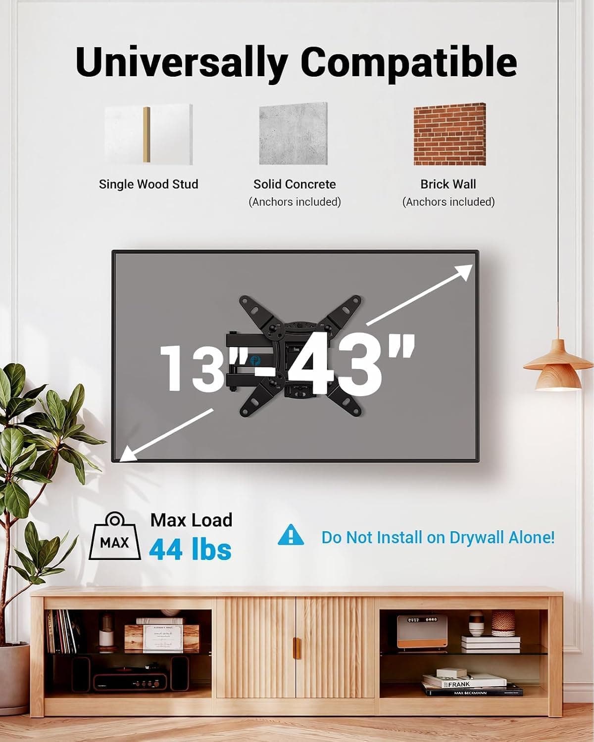 Pipishell Full Motion TV Wall Mount for Echo Show 21/15 and 13-43 Inch Flat Curved Screen TVs & Monitors, Max VESA 200x200mm up to 44lbs, TV Mount Wall Bracket with Rotation Swivel Tilt Extension