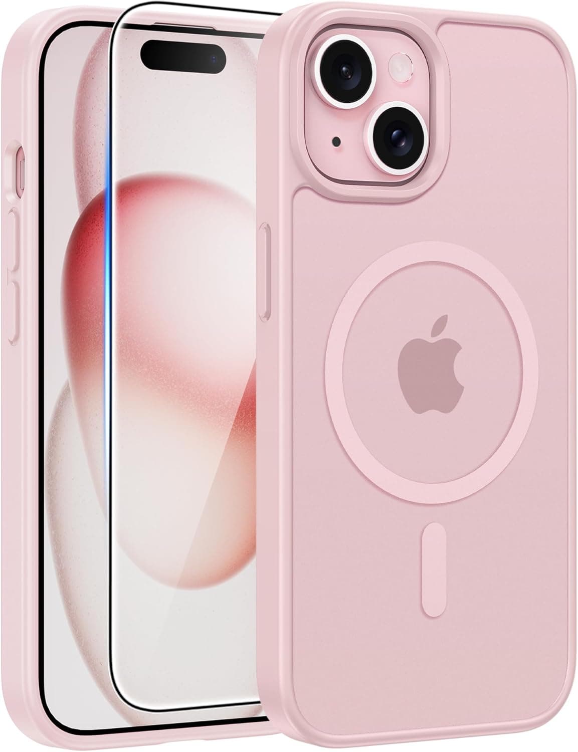 FNTCASE for iPhone 15/14/13 Case, Fit for Magsafe, Glass Screen Protector | Translucent Matte, Magnetic Phone Cases, 14FT Military Grade Drop Protection, Slim Shockproof Protective Cover, Light Pink