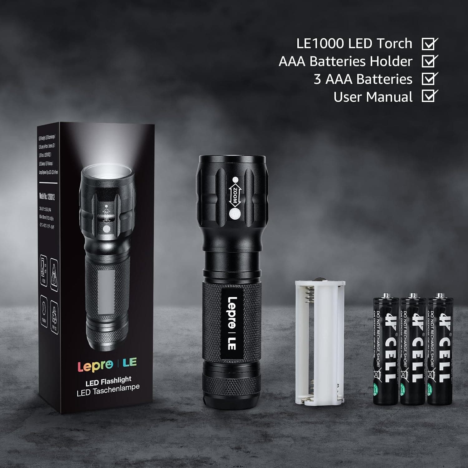 Lepro Lighting Ever LED Flashlight, High Lumens Waterproof Adjustable Focus | Small, lightweight. For outdoor, camping, emergency, tactical use. AAA batteries included. Adjustable zoom focus.