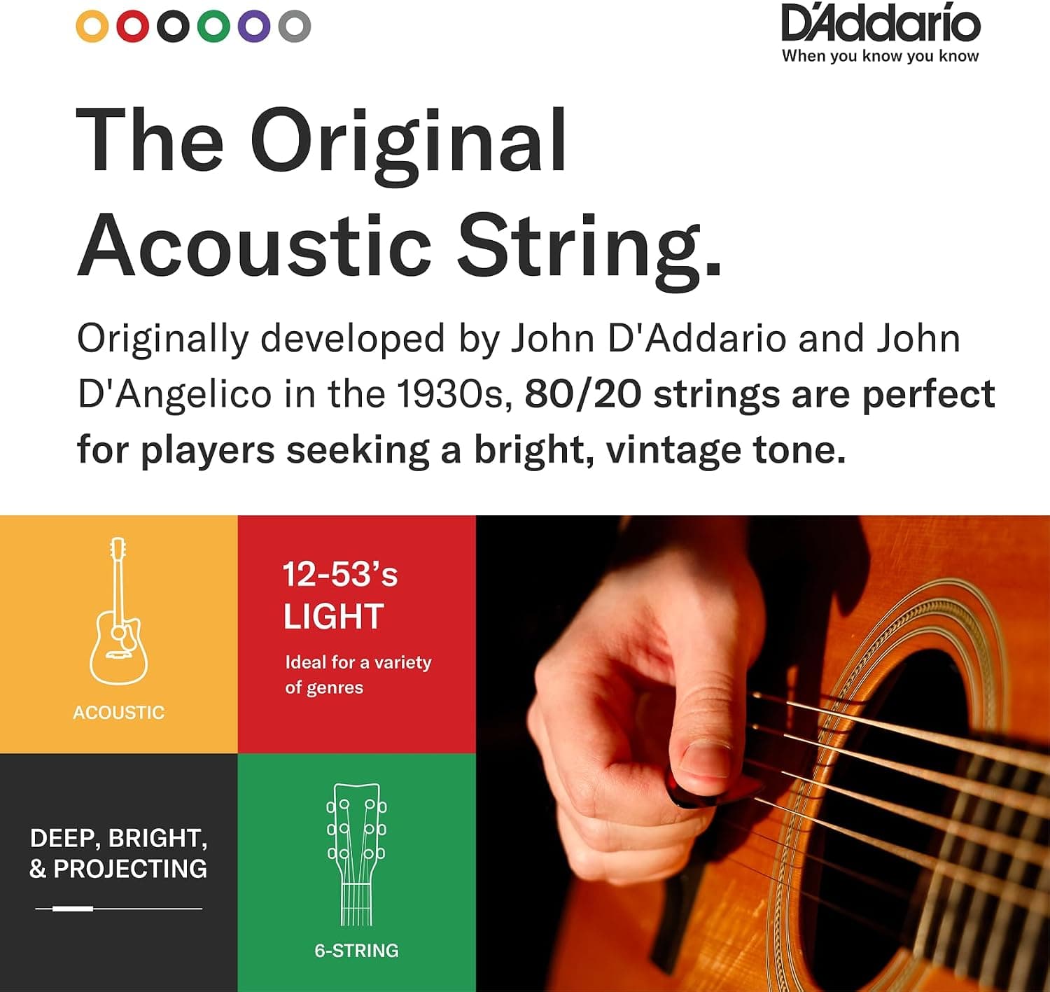 D'Addario EJ11 80/20 Bronze Acoustic Guitar Strings, Light 12-53 | Bright, projecting 80/20 bronze acoustic guitar strings deliver crisp tone, reliable performance, and comfortable playability