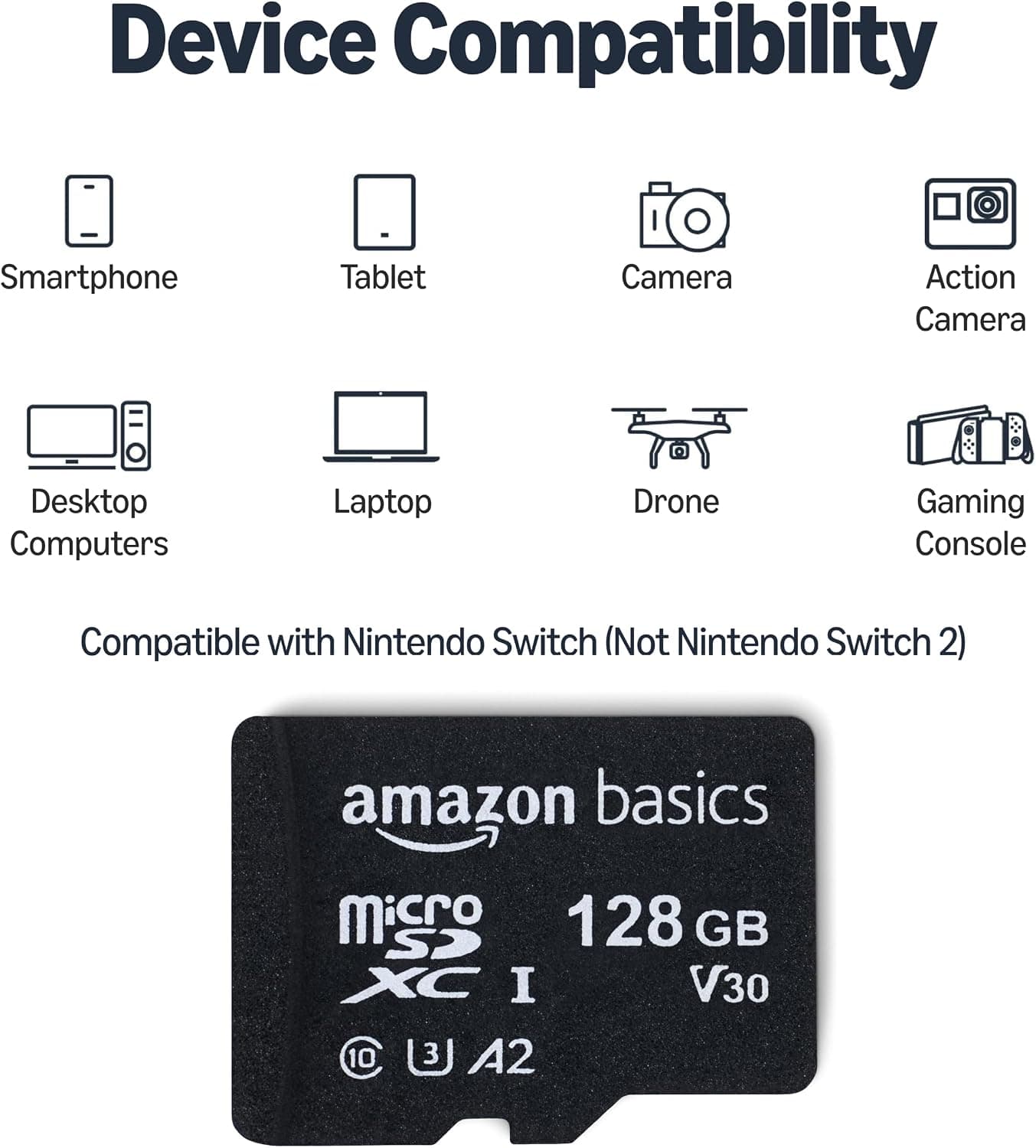 Amazon Basics microSDXC Memory Card with Full Size Adapter, A2, U3, Read Speed up to 100 MB/s, 128GB, Black