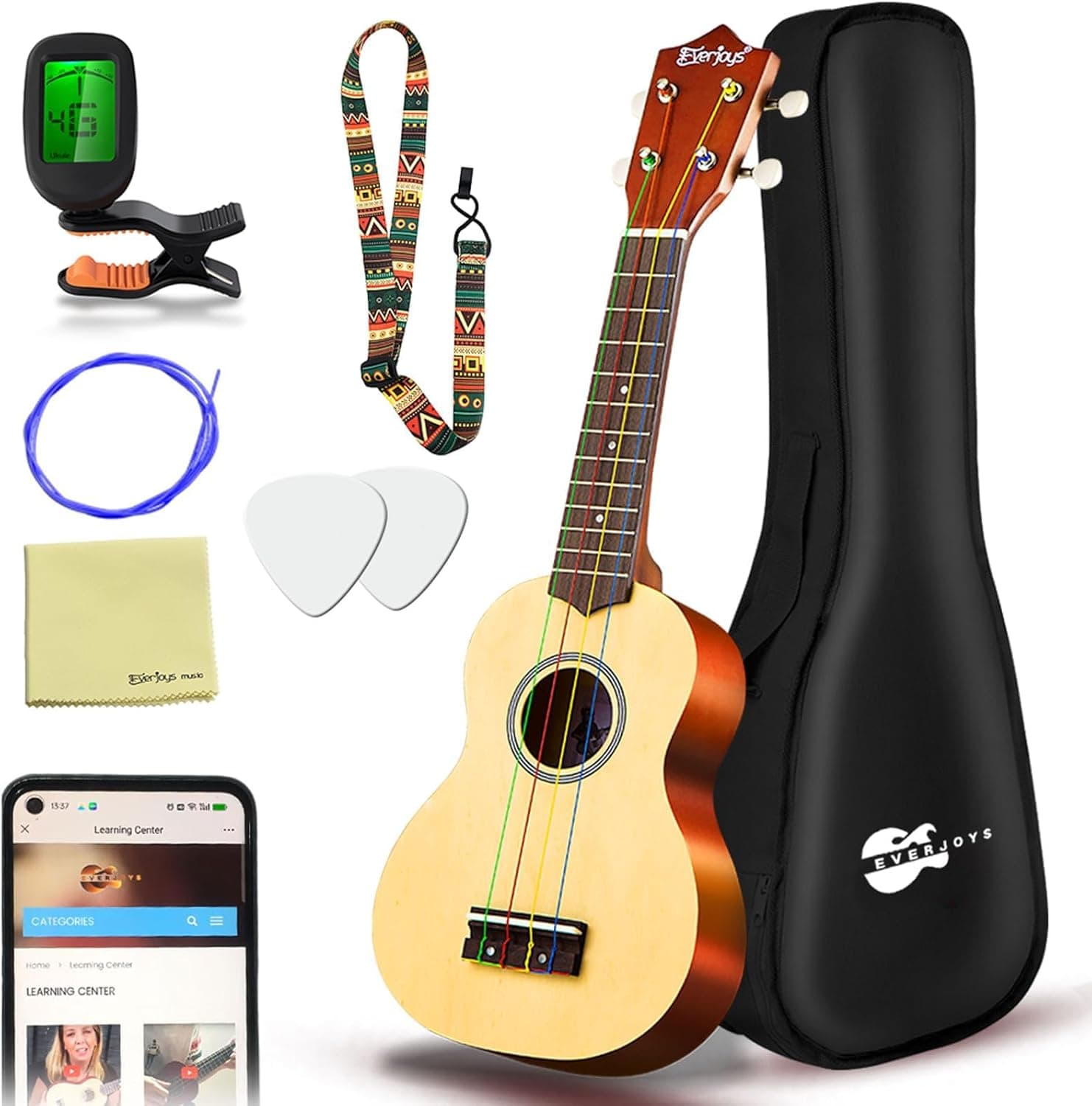 Everjoys Soprano Ukulele Beginner Kit 21 Inch w/Free Online Lesson Gig Bag Tuner Picks Strap, Fast to Learn (Rainbow String)
