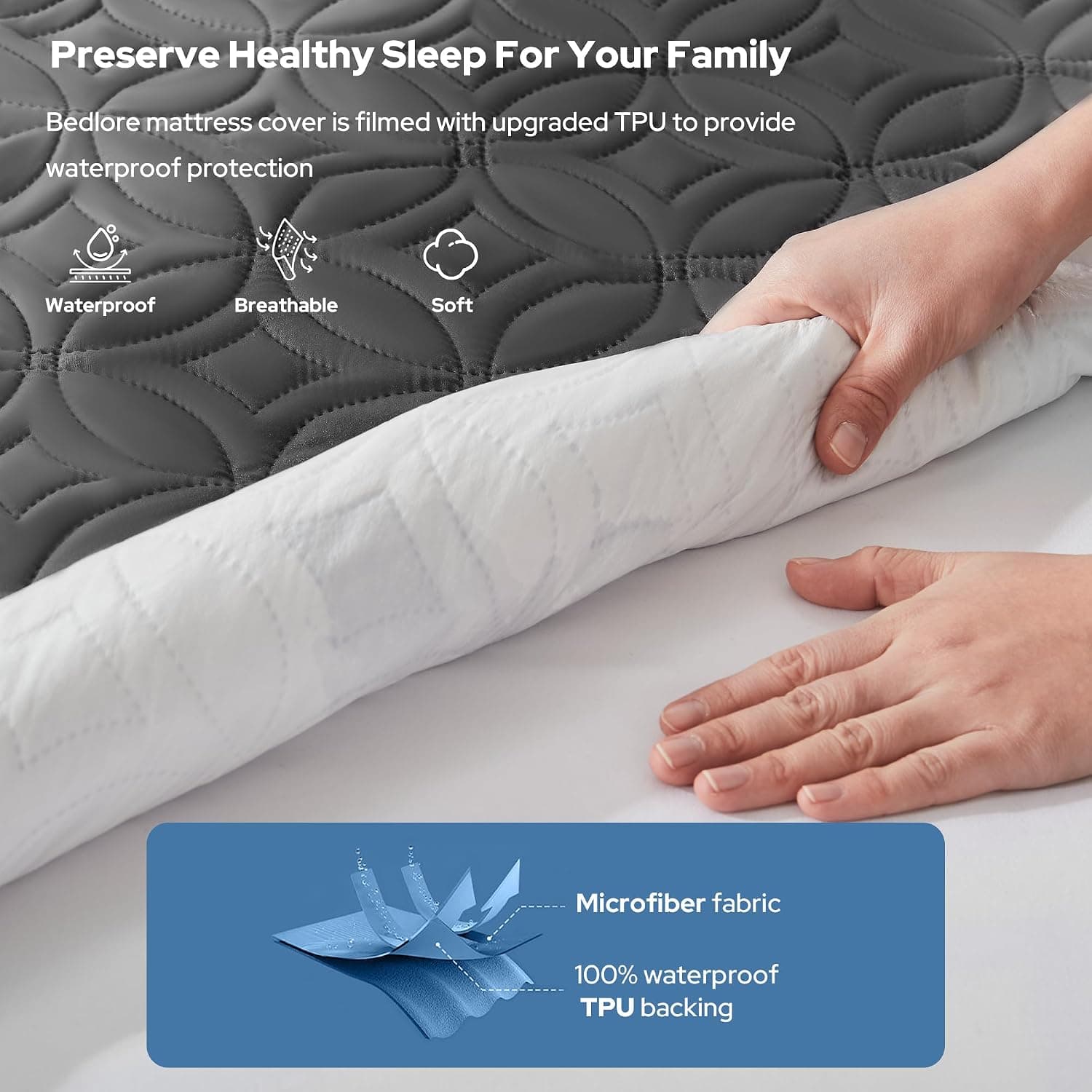 BEDLORE Waterproof Mattress Protector, Queen Size Mattress Pad Noiseless | Deep Pockets Fit 6"-18" Mattresses, Soft Breathable Dirt-proof Bed Mattress Cover Washable for Home, Bedroom, Hotel (Gray)