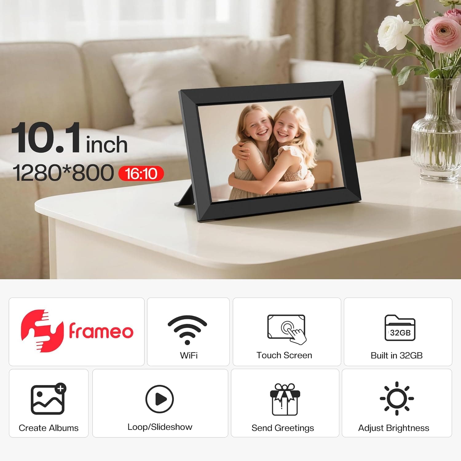 Frameo 10.1 Inch WiFi Digital Picture Frame, Smart Cloud Electronic Photo Frame with HD IPS Touch Screen Slideshow 32GB Memory Auto-Rotate Wall Mount, Share Photos/Videos from Phone - Gifts for Mom