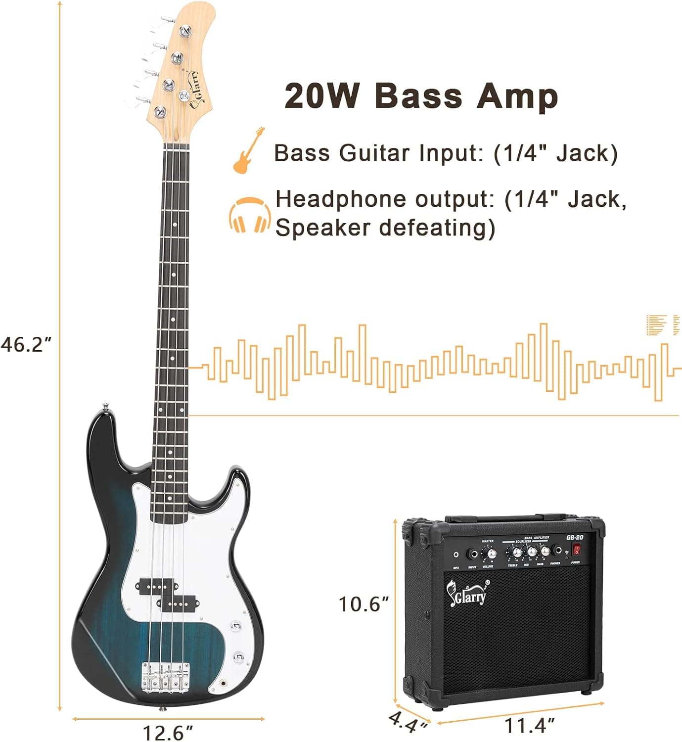 GLARRY Full Size Electric Bass Guitar Beginner Kit 4 String Exquisite Basswood Bass with 20W AMP, Cable, Strap, Bag and Accessories (Dark Blue, 39"Right Handed)