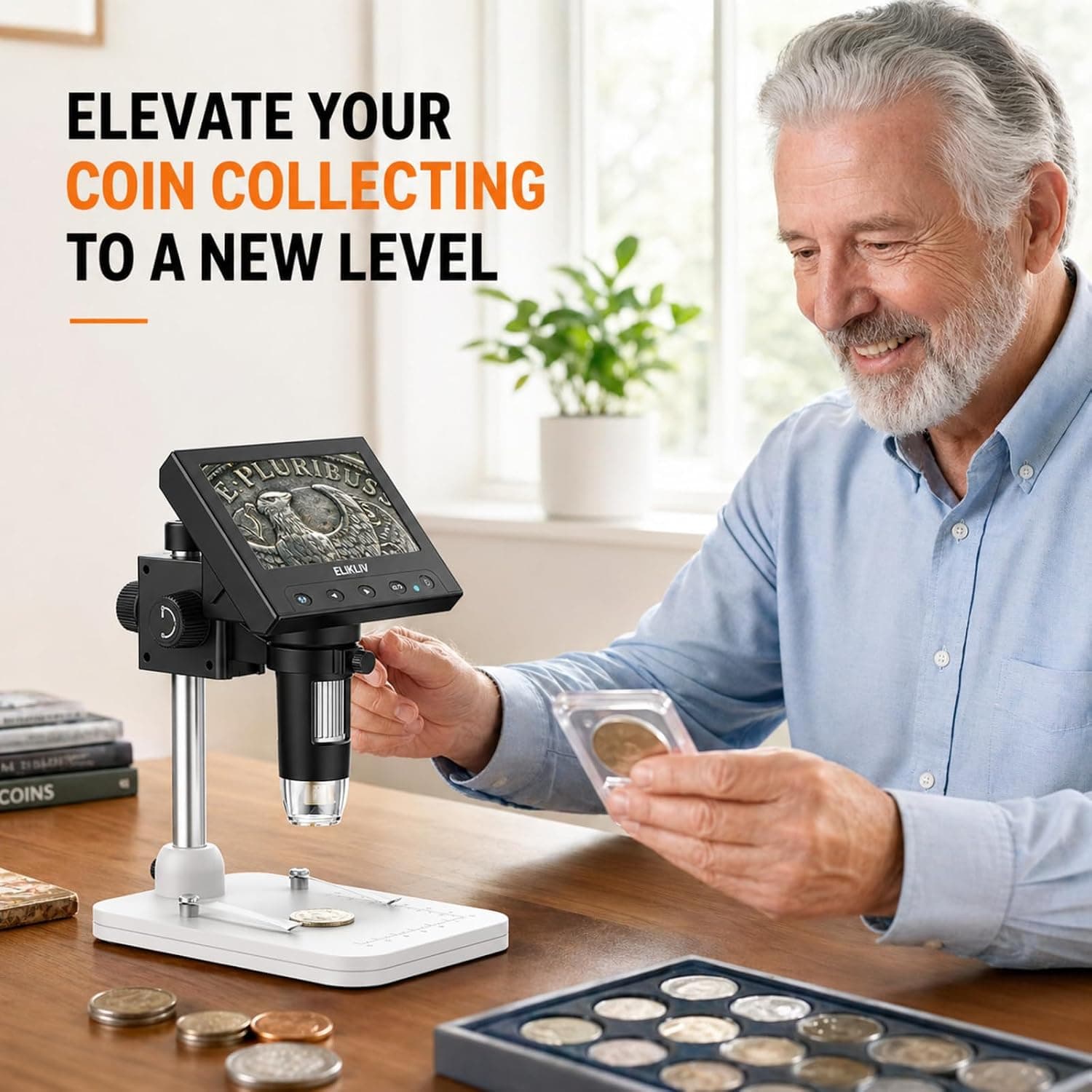 Elikliv Microscope, LCD Digital Coin Microscope 1000x, Coin Magnifier with 8 Adjustable LED Lights, PC View Compatible with Windows/MacBook, EDM4, 4.3-Inch