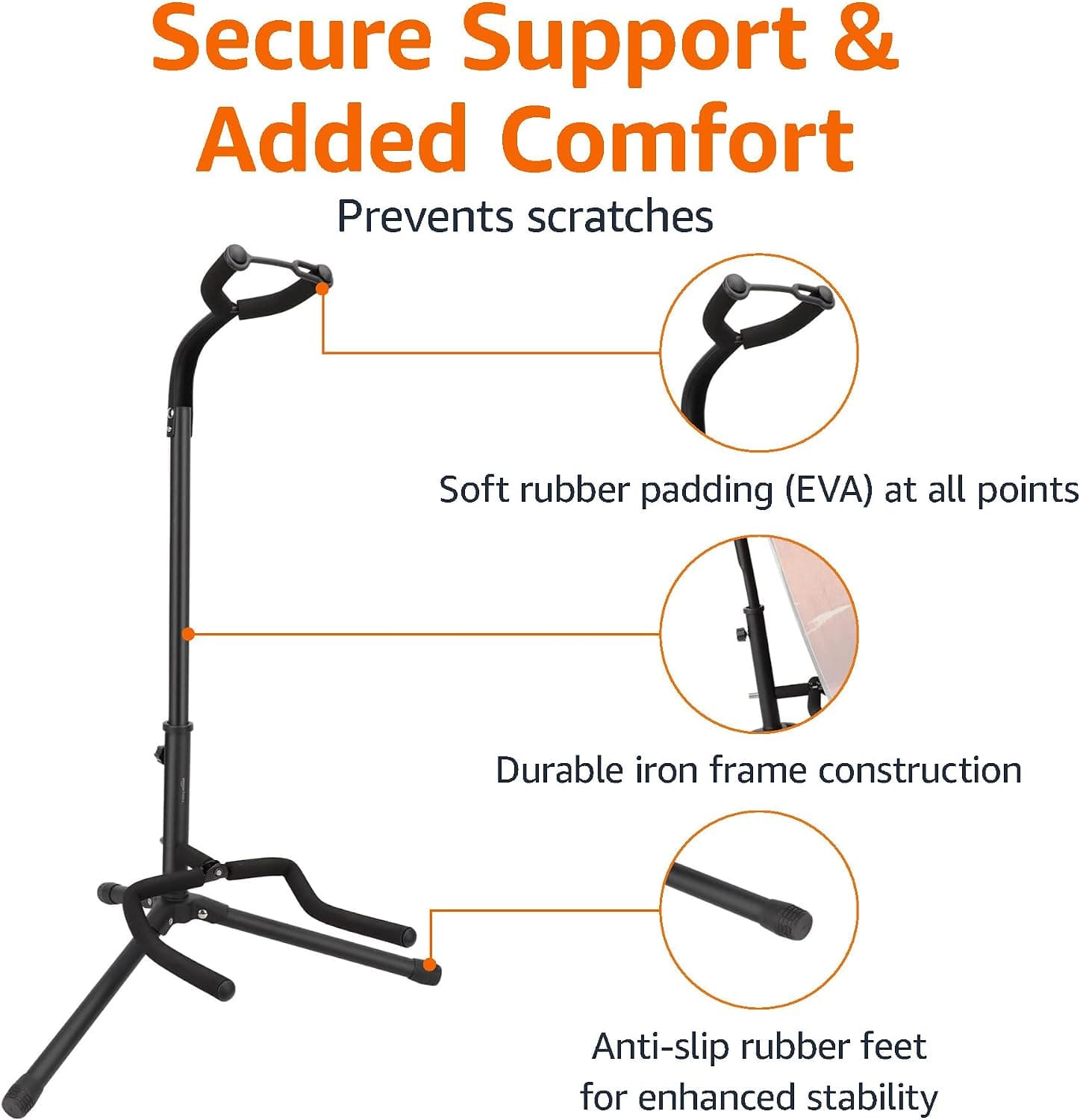 Amazon Basics Height Adjustable Foldable Guitar Stand with Secure Support, Padded Non-Slip Floor Stand for Acoustic, Electric, Bass and Banjos, Portable Display Stand, Black