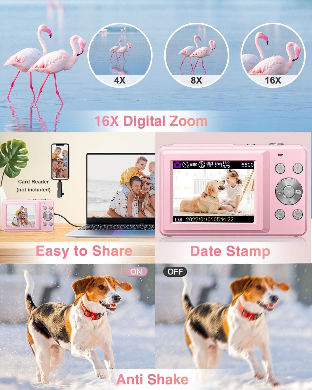Lecran Digital Camera, FHD 1080P Point and Shoot Camera for Kids Teens Pink | with 32GB Card, Filters 16X Zoom Anti-Shake Date Stamp, Compact Small Camera Christmas Birthday Gift for Boys Girls Starters