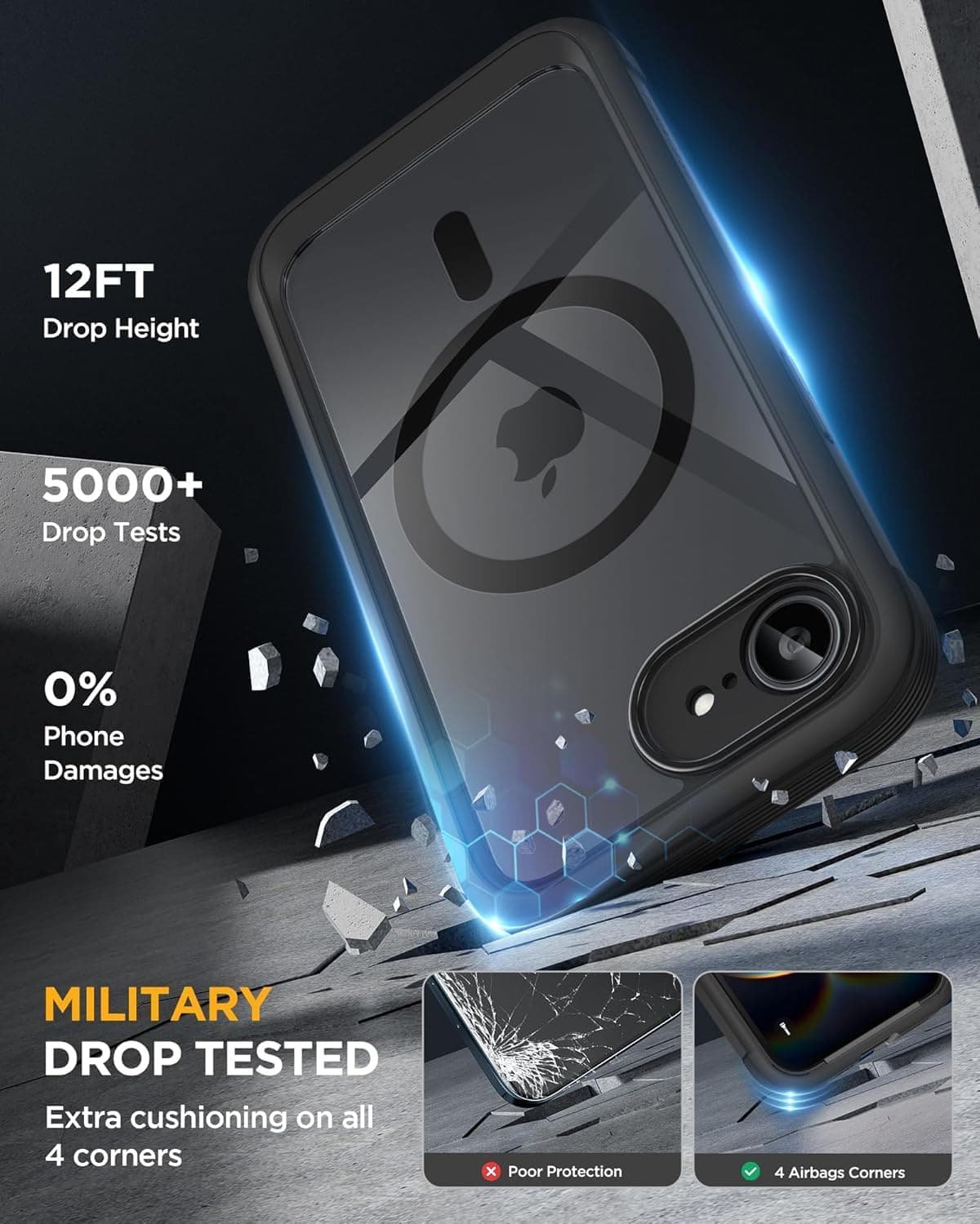 miracase for iPhone 17e Case & iPhone 16e Case, Full-Body Phone with Built-in Glass Screen Protector, [Magnetic with MagSafe] Military Drop Proof 17 E/ 16 E Cover Bumper 6.1 inch, Black