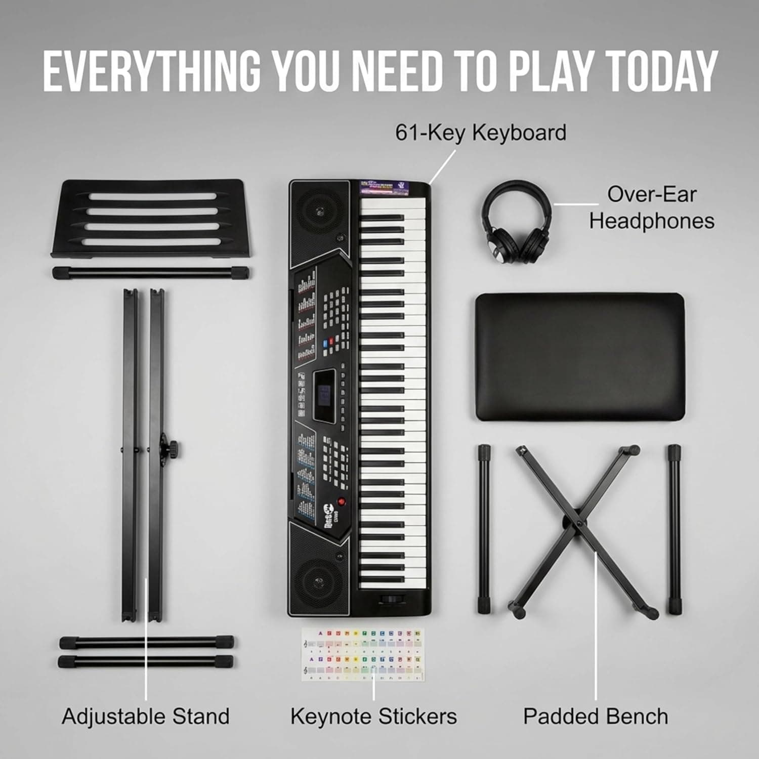 RockJam RJ5061 61 Key Keyboard Piano Kit with Stand, Bench & Headphones | Beginner electric keyboard piano set with pitch bend, LED panel, Simply Piano lessons and note stickers, all included