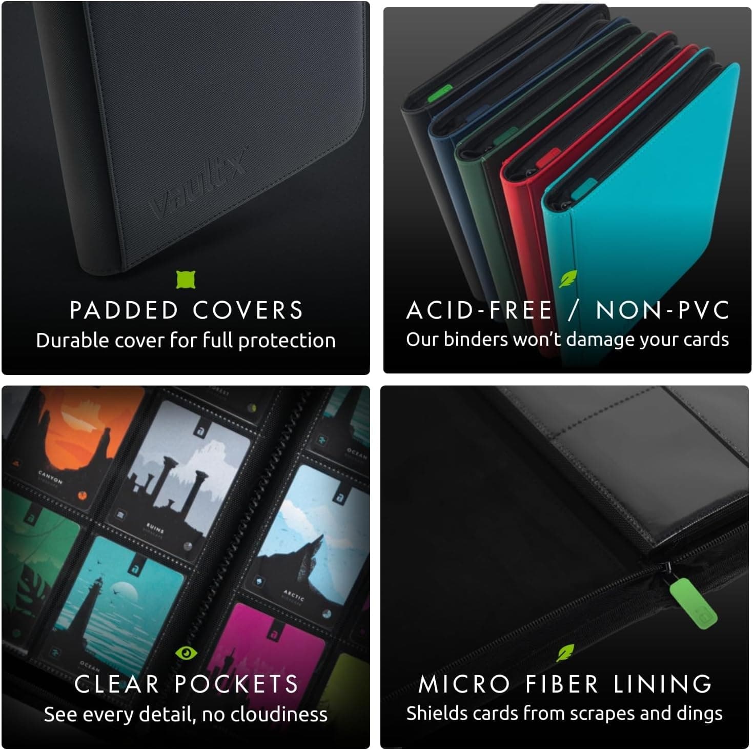 Vault X 9 Pocket Zip Trading Card Binder 360 Cards Exo-Tec (Black) | Holds 360 standard-size TCG cards in 20 side-loading 9-pocket pages. Padded, water-resistant Exo-Tec cover.