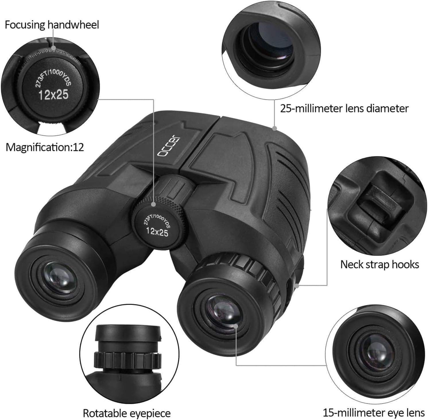 Occer 12x25 Compact Binoculars for Adults and Kids | High Powered, Easy Focus, Large Eyepiece for Bird Watching, Cruise Ship, Outdoor Hunting, Travel, Sightseeing