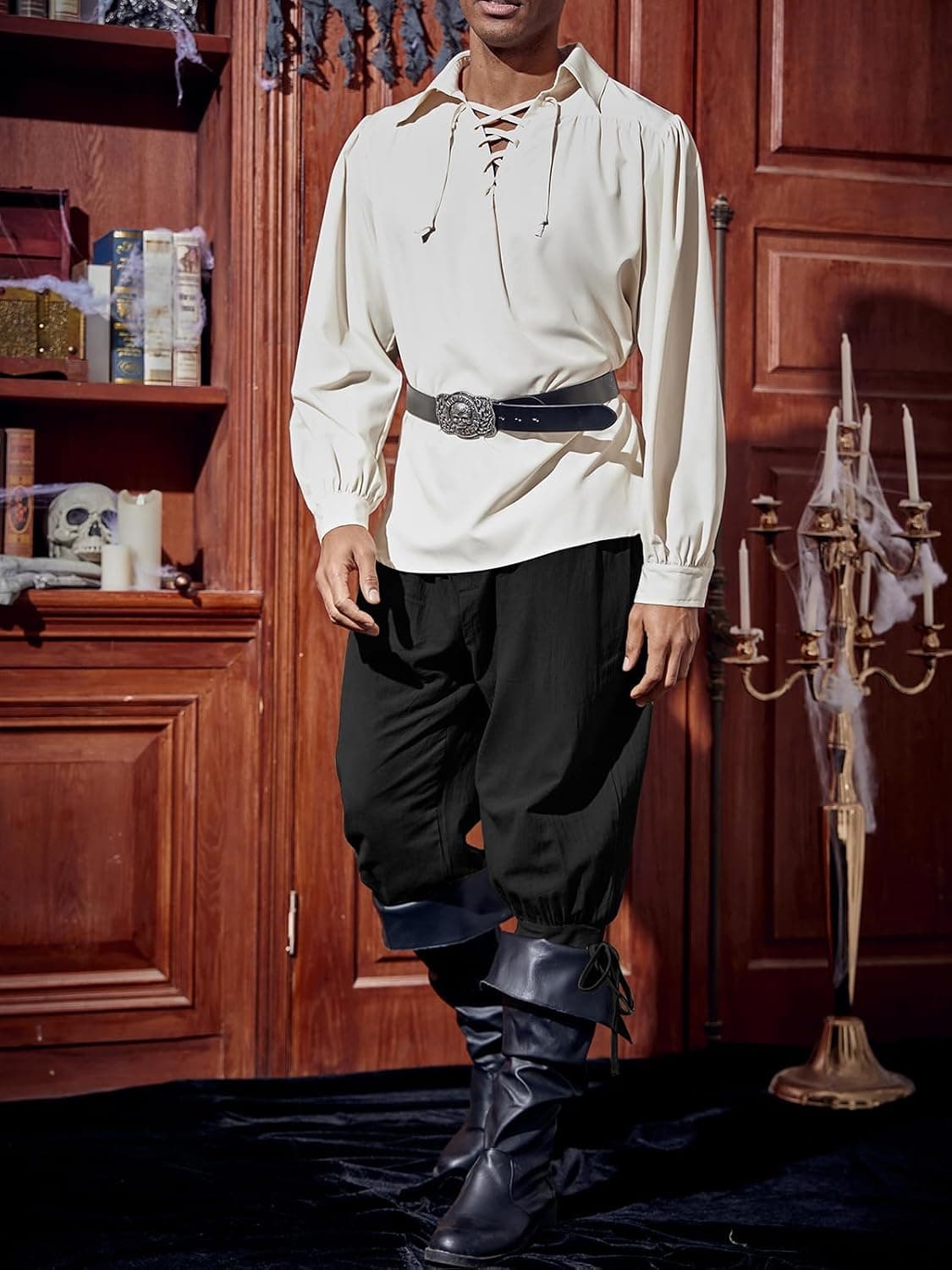 Runcati Mens Medieval Ankle Pants Renaissance Viking Linen Costume Trousers | Pirate, Lace Up, Tapered, Halloween, Two Side Pockets, Elastic Waist