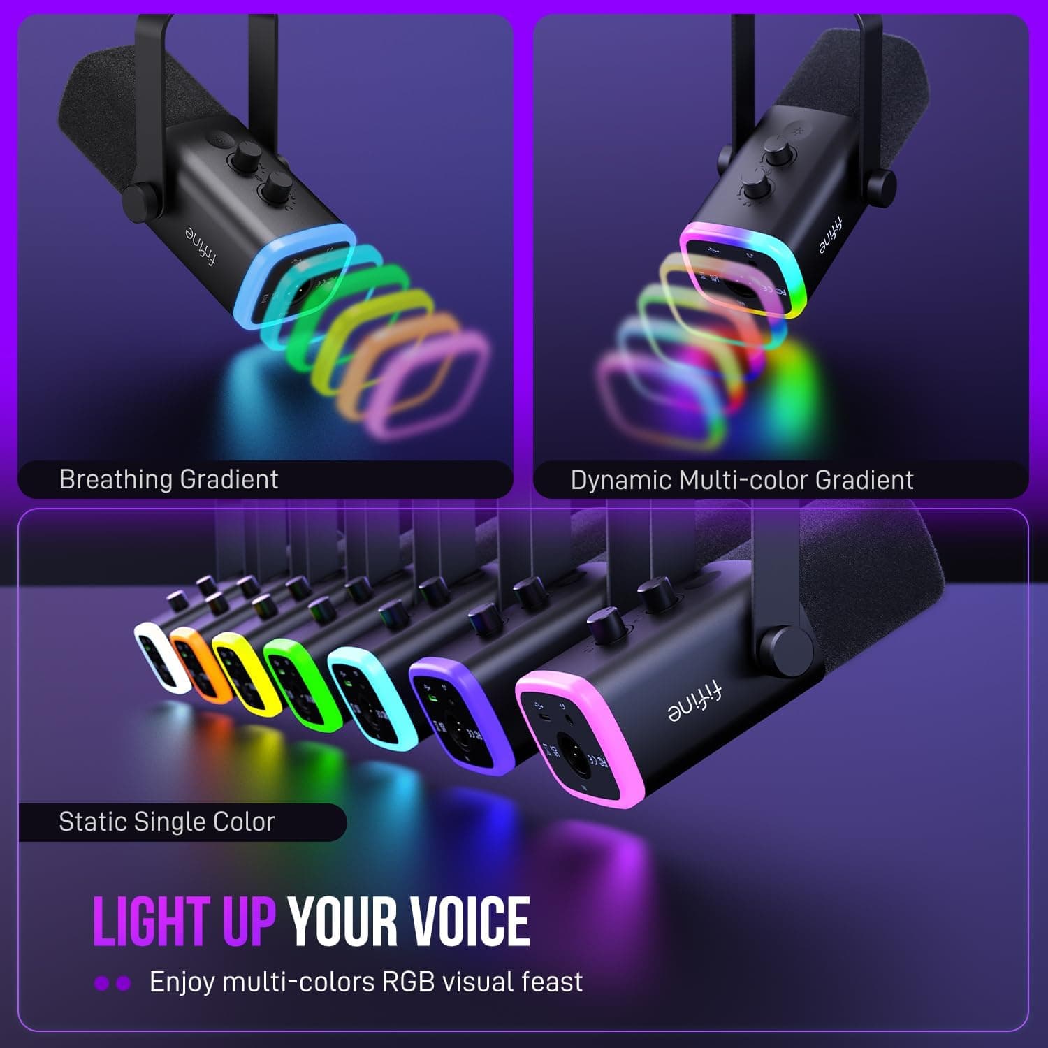 FIFINE AmpliGame AM8 USB/XLR Dynamic Microphone for Gaming Streaming | Podcast Mic with RGB Light, Mute Button, Headphones Jack, Desktop Stand, for Vocal Recording Singing YouTube