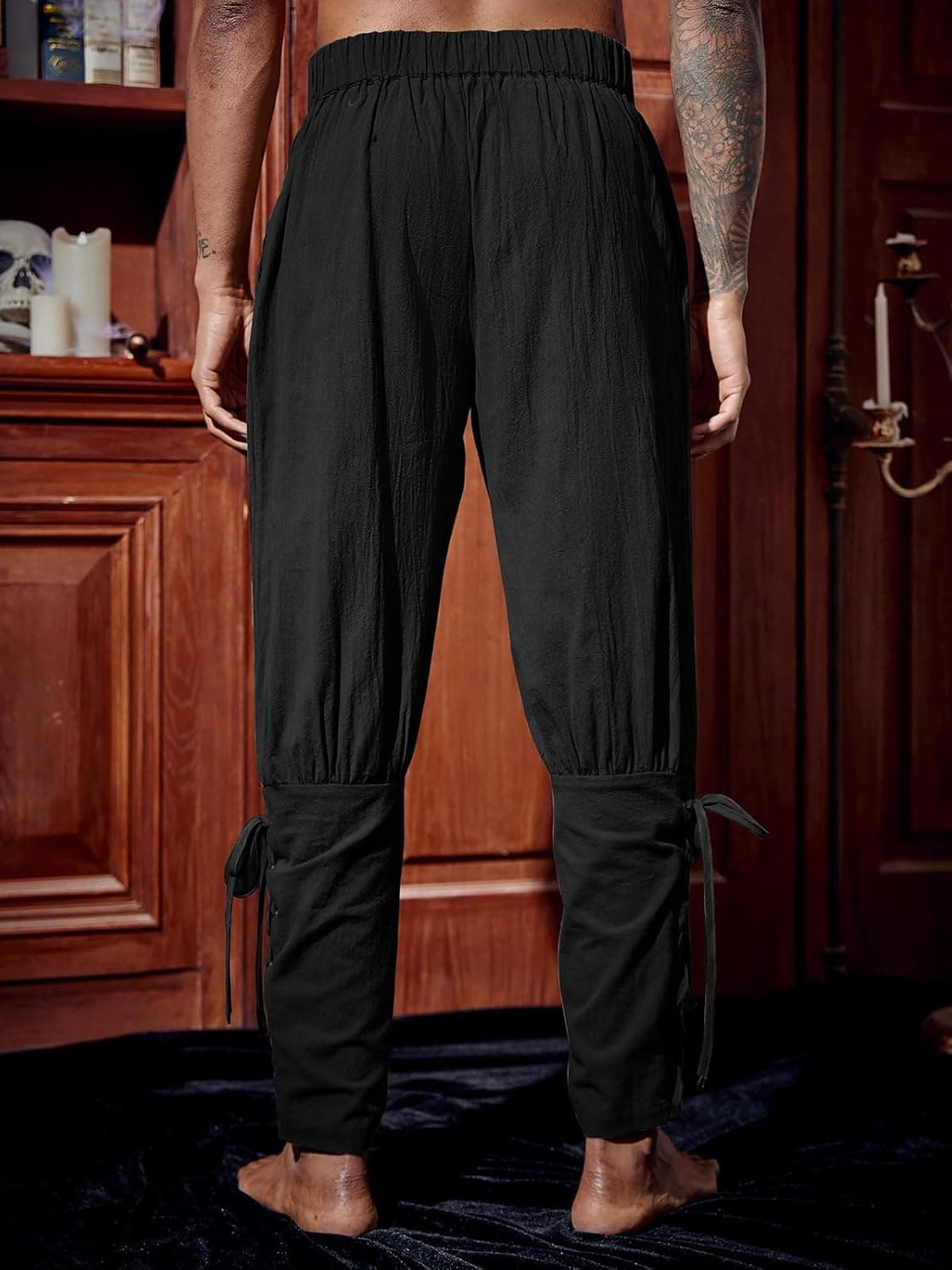 Runcati Mens Medieval Ankle Pants Renaissance Viking Linen Costume Trousers | Pirate, Lace Up, Tapered, Halloween, Two Side Pockets, Elastic Waist