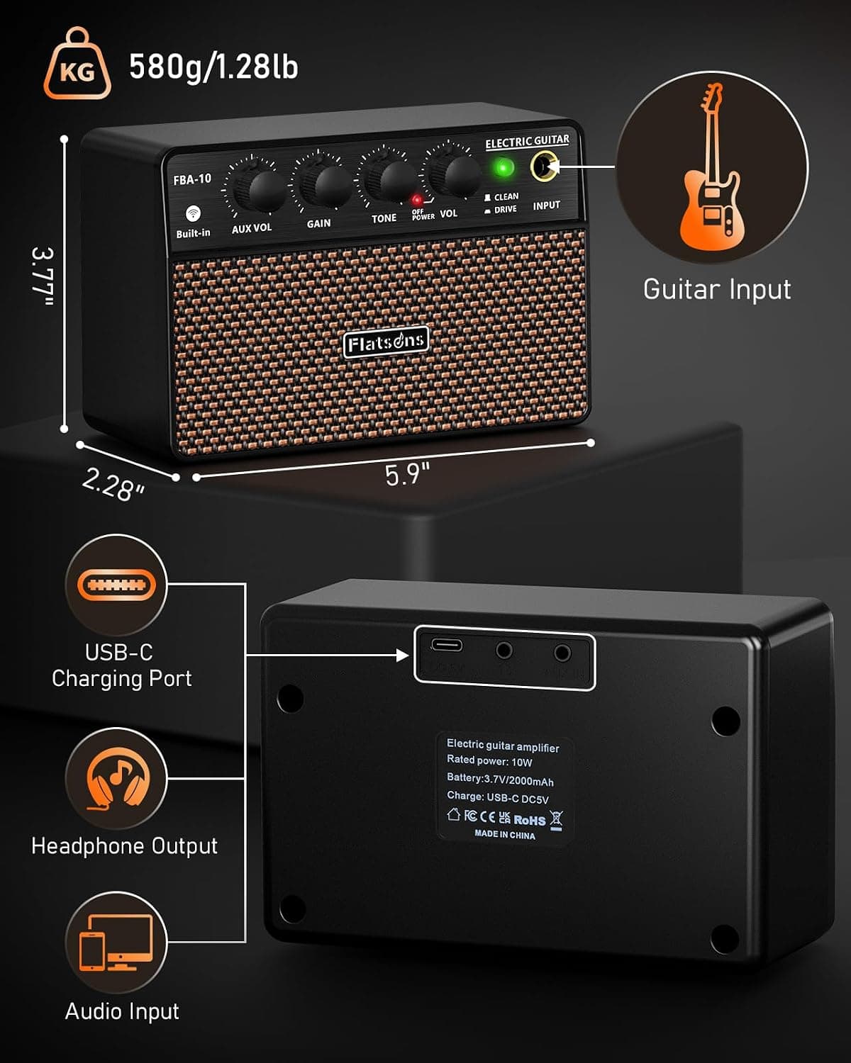 10W Mini Guitar Amp,Rechargeable Electric Guitar Amplifier | with Clean/Drive Channel,6H Working,3.5mm headphone jack for silent practice,Wireless Portable Amp for Practice & Traveling