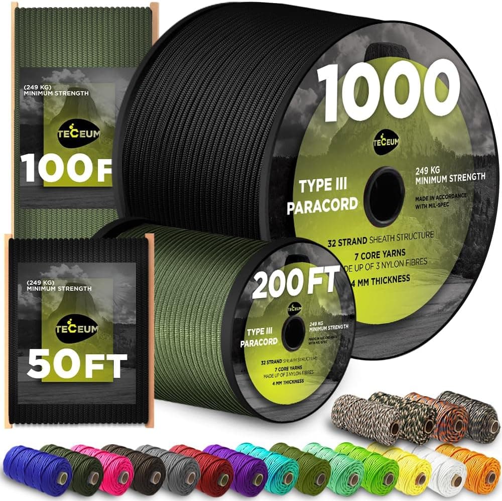 Paracord Rope 550 lb 4mm – Parachute Cord – Utility Camping Rope | 550 Paracord Type III, 50ft to 1000ft, 45+ Colors, Survival and Tactical Outdoor Gear, Nylon Core Para Cord for Clothesline