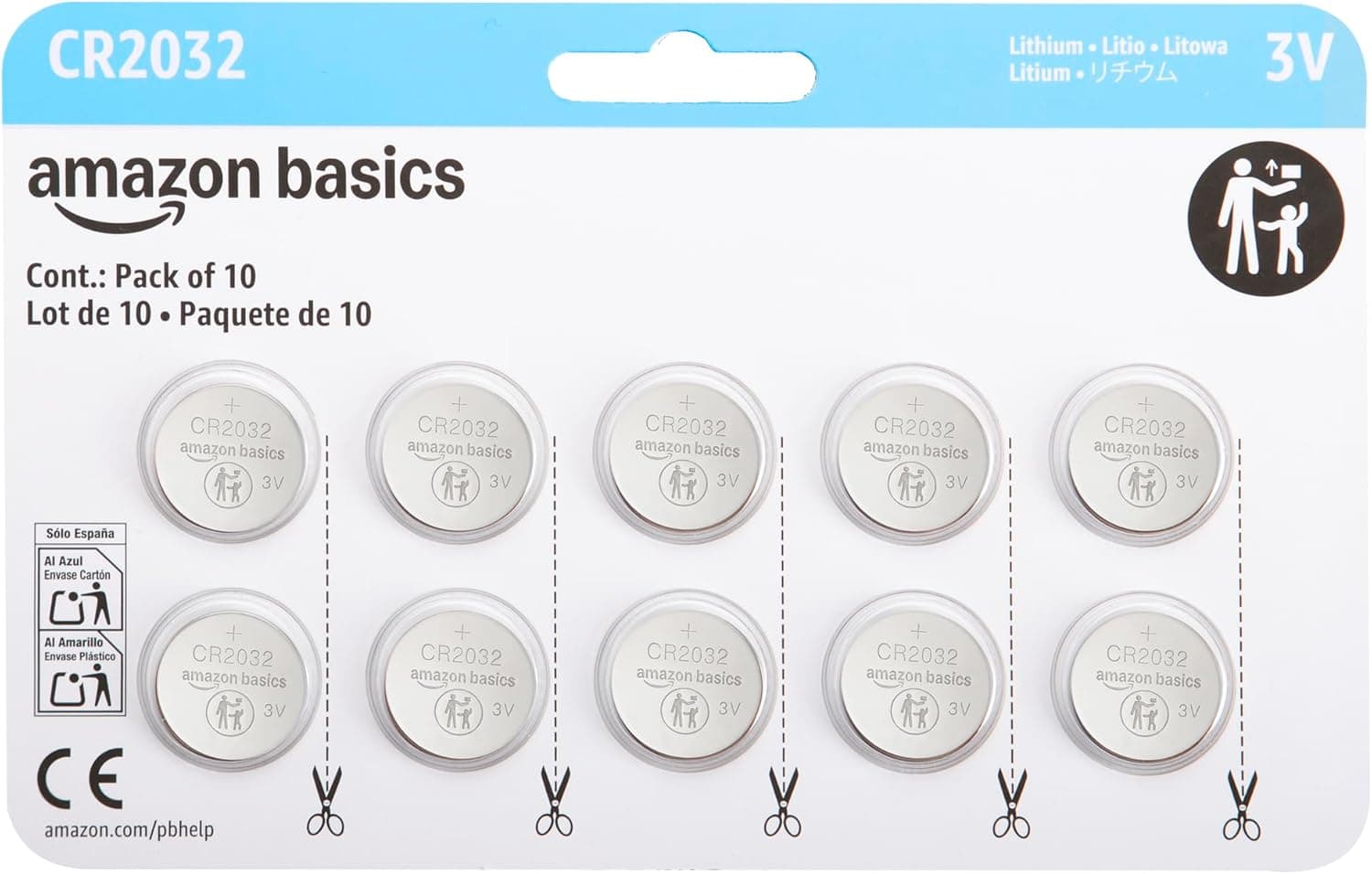 Amazon Basics CR2032 3V Lithium Coin Cell Batteries for Key Fob, Watch, Remote, Child-Proof Package, Non-Coated, AirTag Compatible, 10-Pack