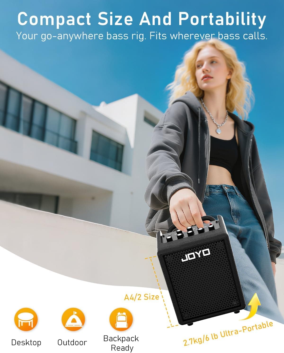 JOYO 30W Bass Amp Portable Combo Amplifier 4" Speaker with Bluetooth 5.1 + OTG Direct Recording | 3-Band EQ + Compressor | Headphone Practice for Bassist Livestream Solo Gigs (Vibe Cube BA-30, Black)