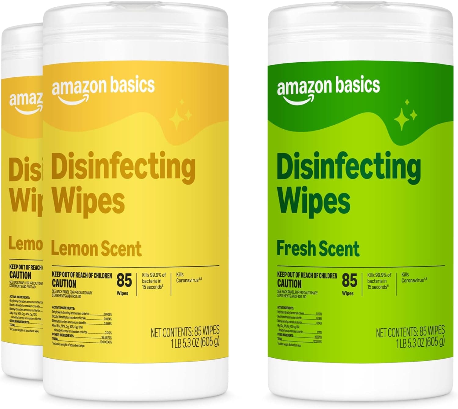 Amazon Basics Disinfecting Wipes, Lemon & Fresh Scent, Sanitizes, Cleans, Disinfects & Deodorizes, 255 Count (3 Packs of 85), Packaging May Vary