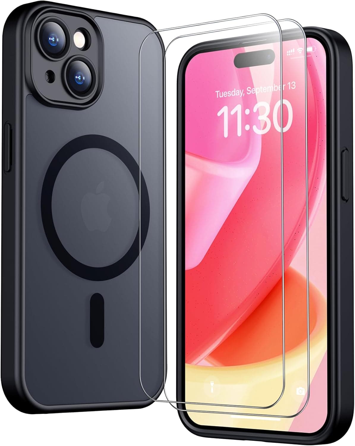 SPIDERCASE Magnetic for iPhone 15 Case, Black | Translucent Matte Case with 2PCS Tempered Glass Screen Protector Drop Protection Anti-scratched Slim Phone Case