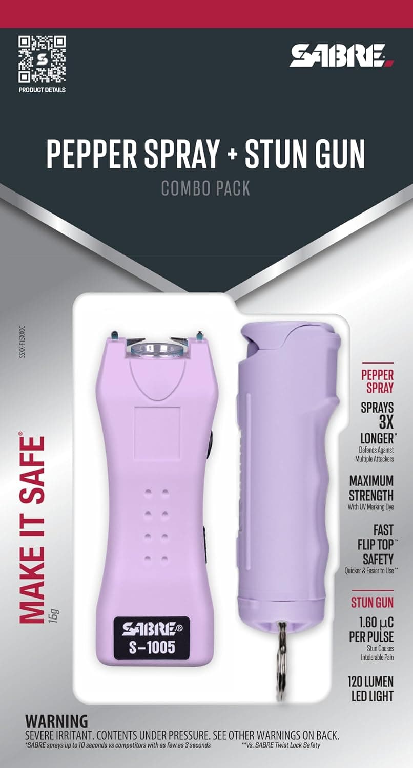 SABRE Pepper Spray & 2‑in‑1 Stun Gun with Flashlight Self Defense Kit – Fast Flip Top 10‑Second Safety Spray with Finger Grip & Keychain – Rechargeable Stun Gun, 1.60 µC Charge, 120‑Lumen LED Light