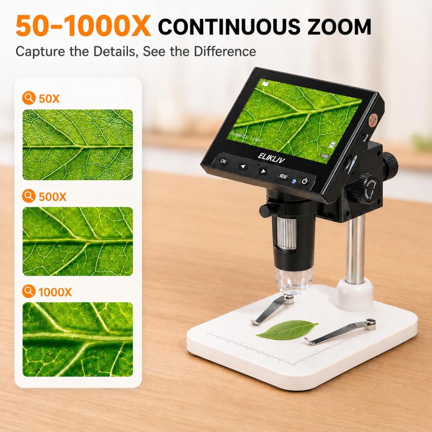 Elikliv Microscope, LCD Digital Coin Microscope 1000x, Coin Magnifier with 8 Adjustable LED Lights, PC View Compatible with Windows/MacBook, EDM4, 4.3-Inch