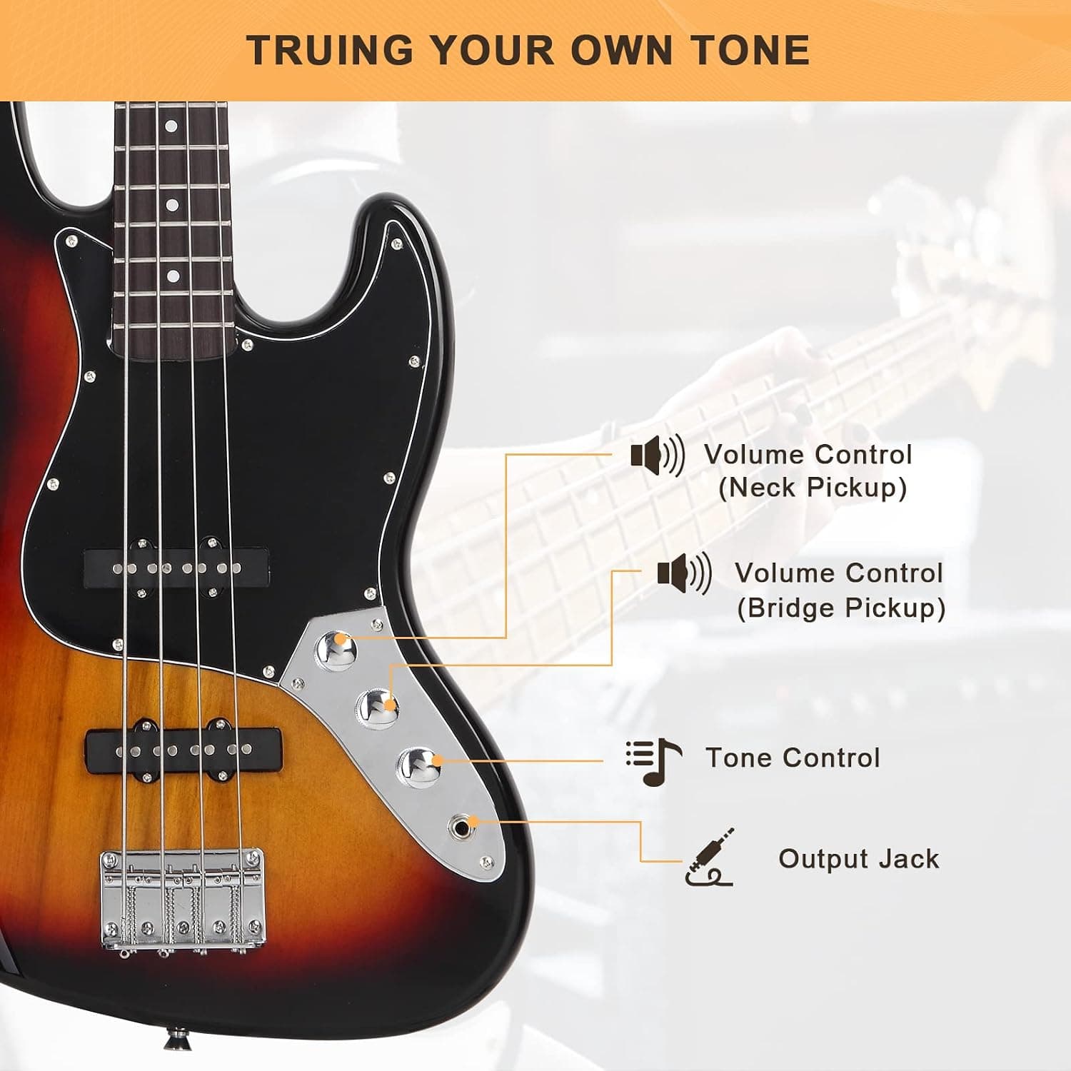 GLARRY 4 String GJazz Electric Bass Guitar Full Size Right Handed with Guitar Bag, Amp Cord and Beginner Kits (Sunset)
