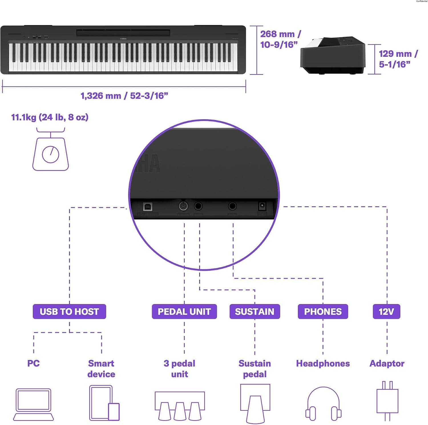 Yamaha 88-Key Digital Piano with Weighted Keys, Compact Design, Bluetooth, Keyboard, Music Rest, Sustain Foot Switch, and Built-in Speakers for Home Practice or Travel P145BT