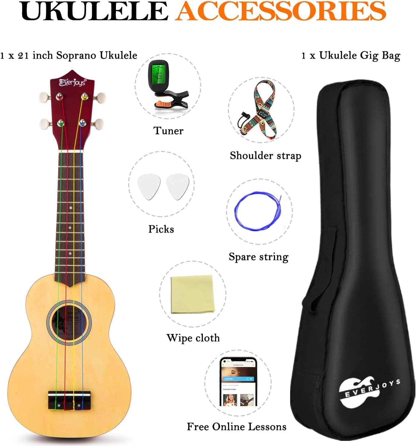 Everjoys Soprano Ukulele Beginner Kit 21 Inch w/Free Online Lesson Gig Bag Tuner Picks Strap, Fast to Learn (Rainbow String)
