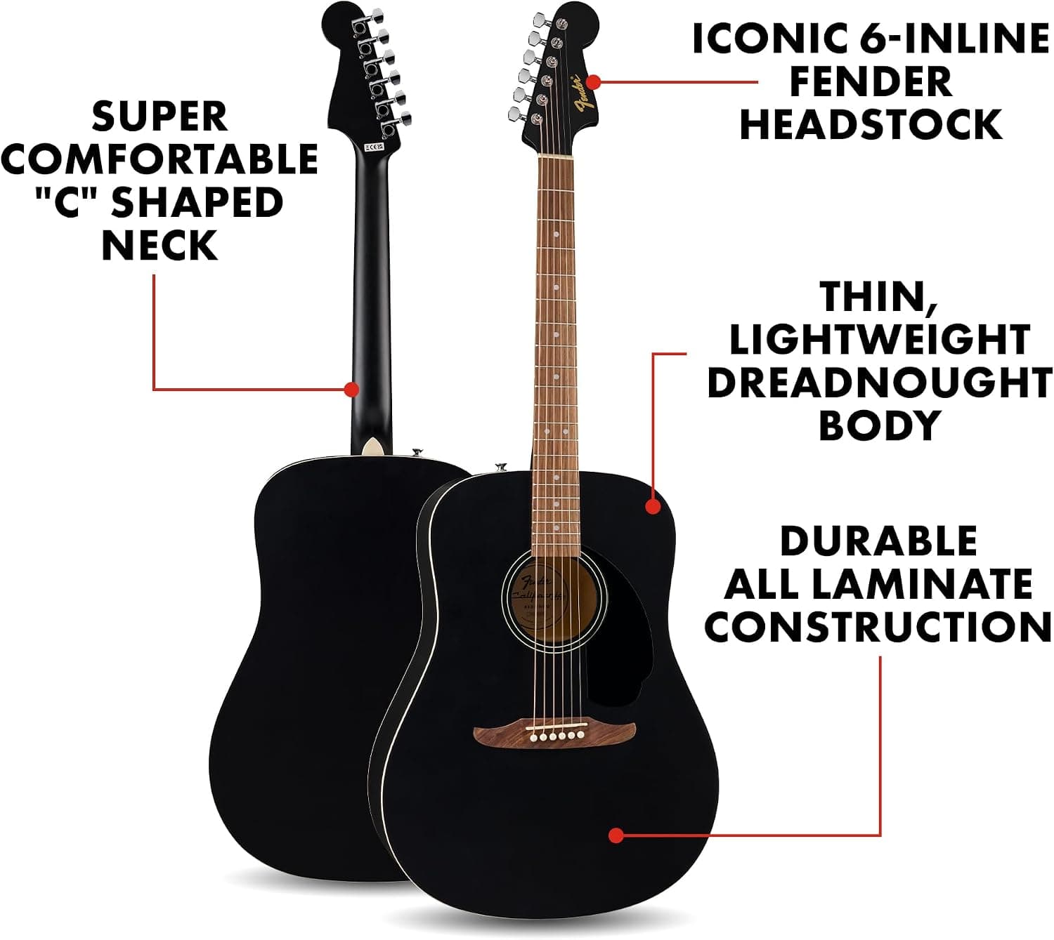 Fender California Debut Redondo Series Beginner Acoustic Guitar, Black | Acoustic guitar for beginners adults, slim neck, starter-friendly, 2-year warranty, under $300, vs Yamaha
