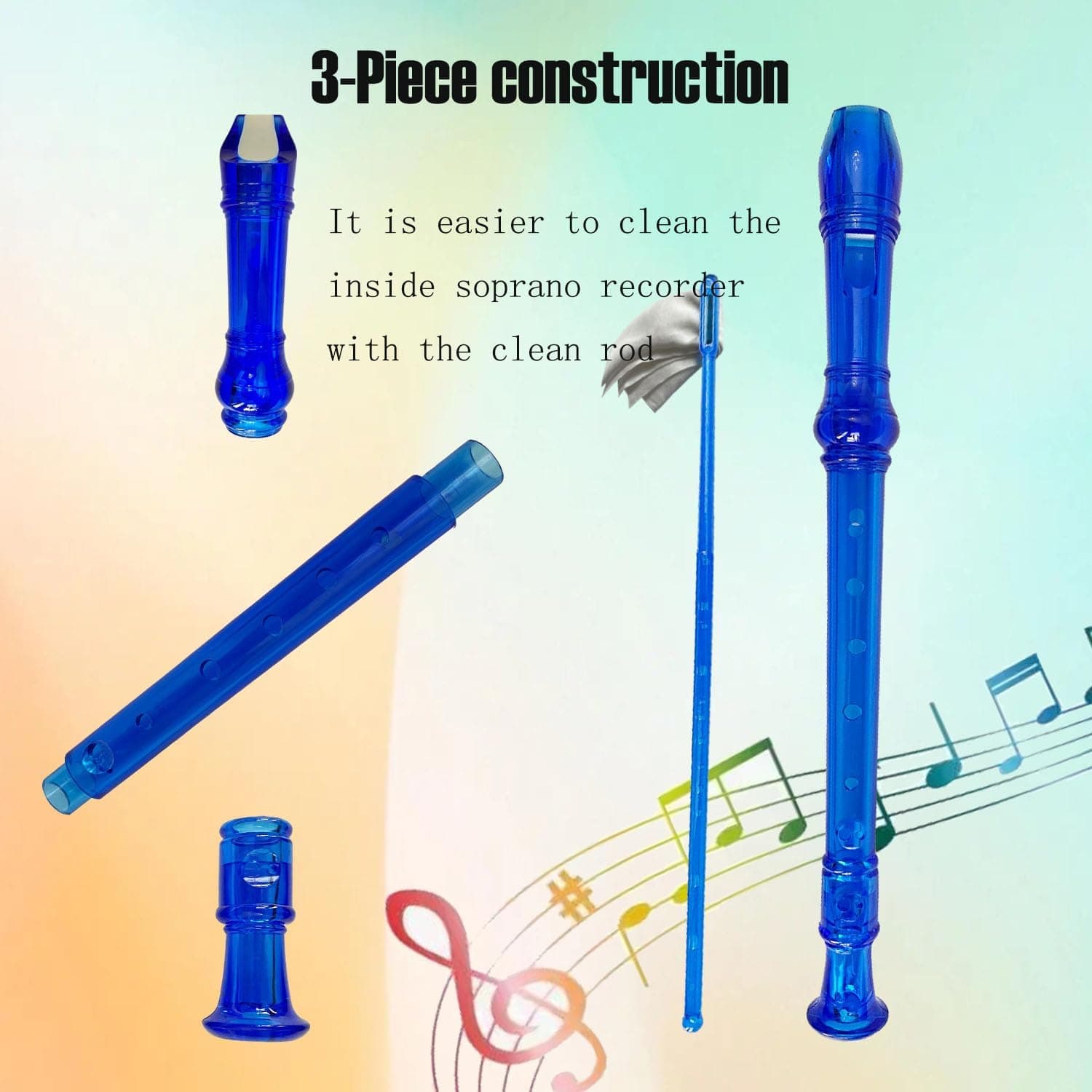 8 Hole Soprano Recorder with Cleaning Rod and Bag, Professional German Style C Key Recorder for Kids Beginners Students (Crystal Blue)