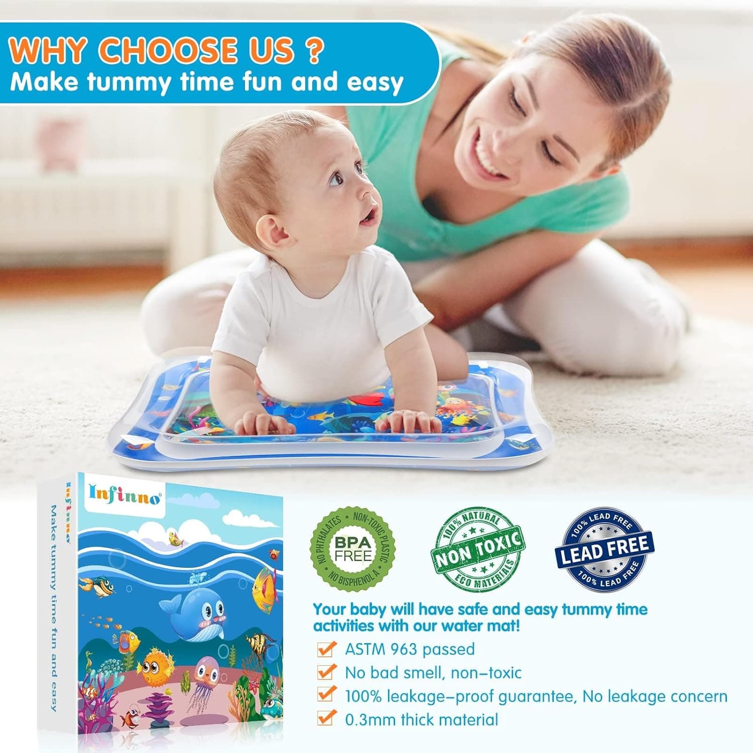 Infinno Inflatable Tummy Time Water Mat, Baby Sensory Toys 3-24 Months | Leakproof play surface, builds neck and core strength, fills and drains fast, portable design, easy travel