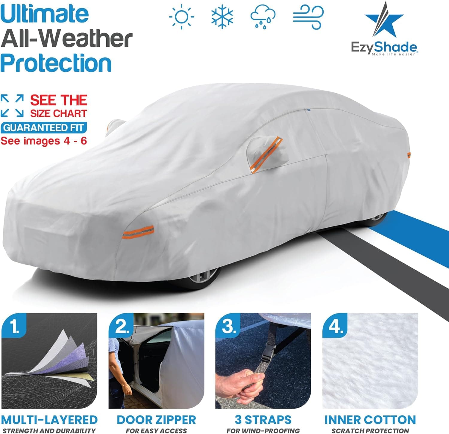 EzyShade Car Cover Waterproof All Weather. See Vehicle Size-Chart. Size A4 | Multi-Layer Outdoor Car Covers for Automobiles. Rain Sun Snow UV Dust Protection. Sedan, Hatch, SUV, Truck - See Size Chart