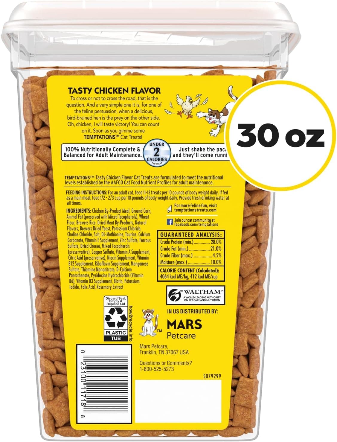 Temptations Classic Crunchy and Soft Cat Treats, Tasty Chicken, 30 oz | Under 2 calories per treat, crunchy outside & soft inside, resealable tub, use as meal or topper, 100% complete & balanced