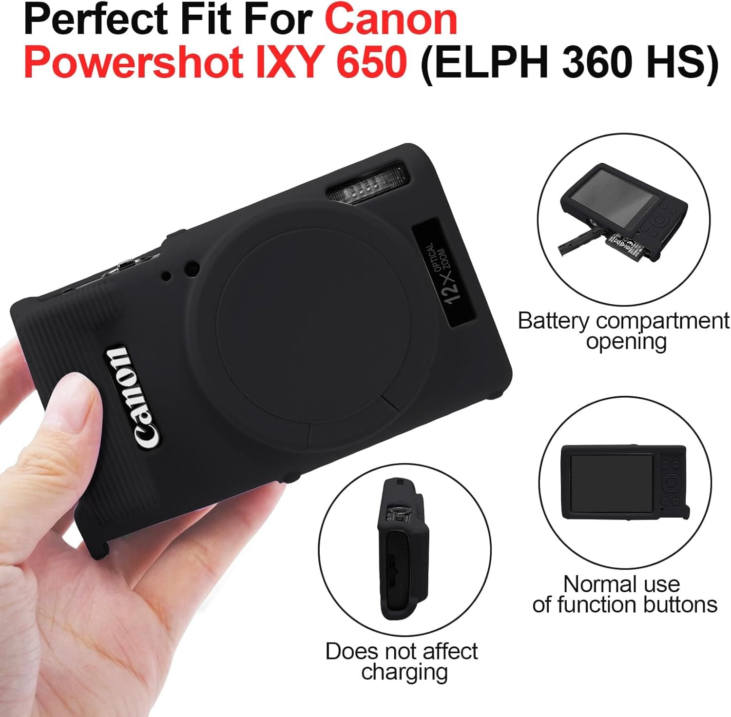 Easy Hood Camera Case for Canon ELPH 360/IXUS 285 HS/IXY 650 Camera,Black | With Removable Lens Cover,Soft Silicone Protective Case,Anti-Scratch,Dustproof,Shockproof,Enhanced Grip,Camera Accessories