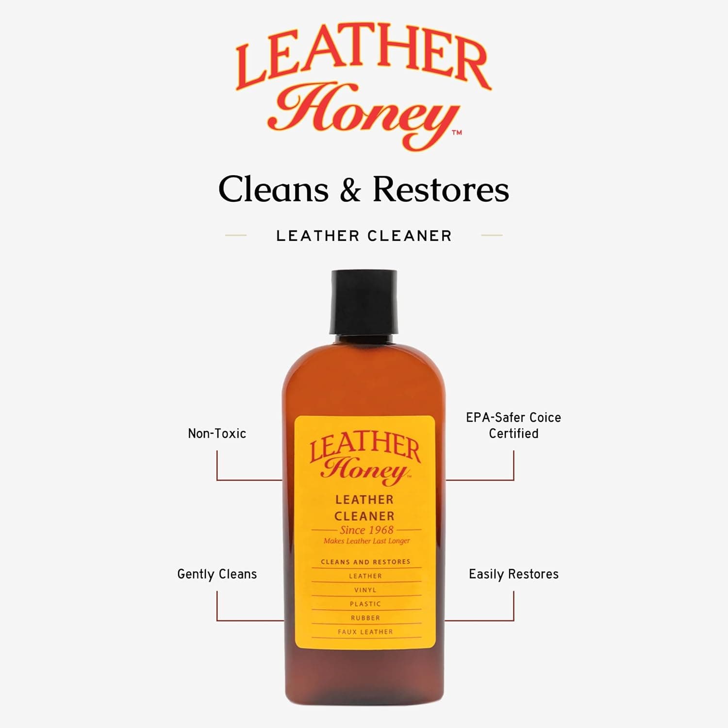 Leather Honey Leather Cleaner – Non-Toxic & Made in the USA Since 1968 | Deep cleans leather, faux leather & vinyl – restore couches, car seats, purses, shoes & bags. For any color, including white