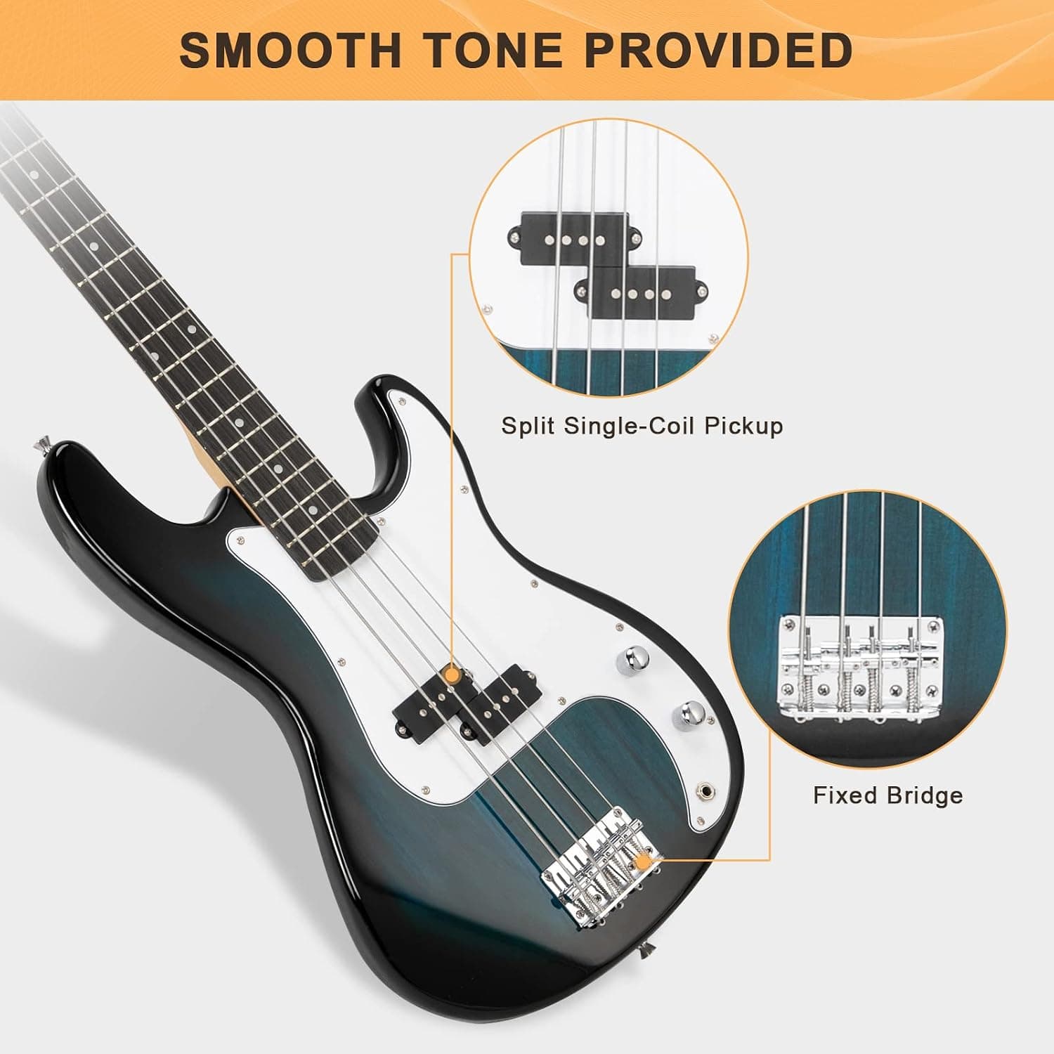 GLARRY Full Size Electric Bass Guitar Beginner Kit 4 String Exquisite Basswood Bass with 20W AMP, Cable, Strap, Bag and Accessories (Dark Blue, 39"Right Handed)