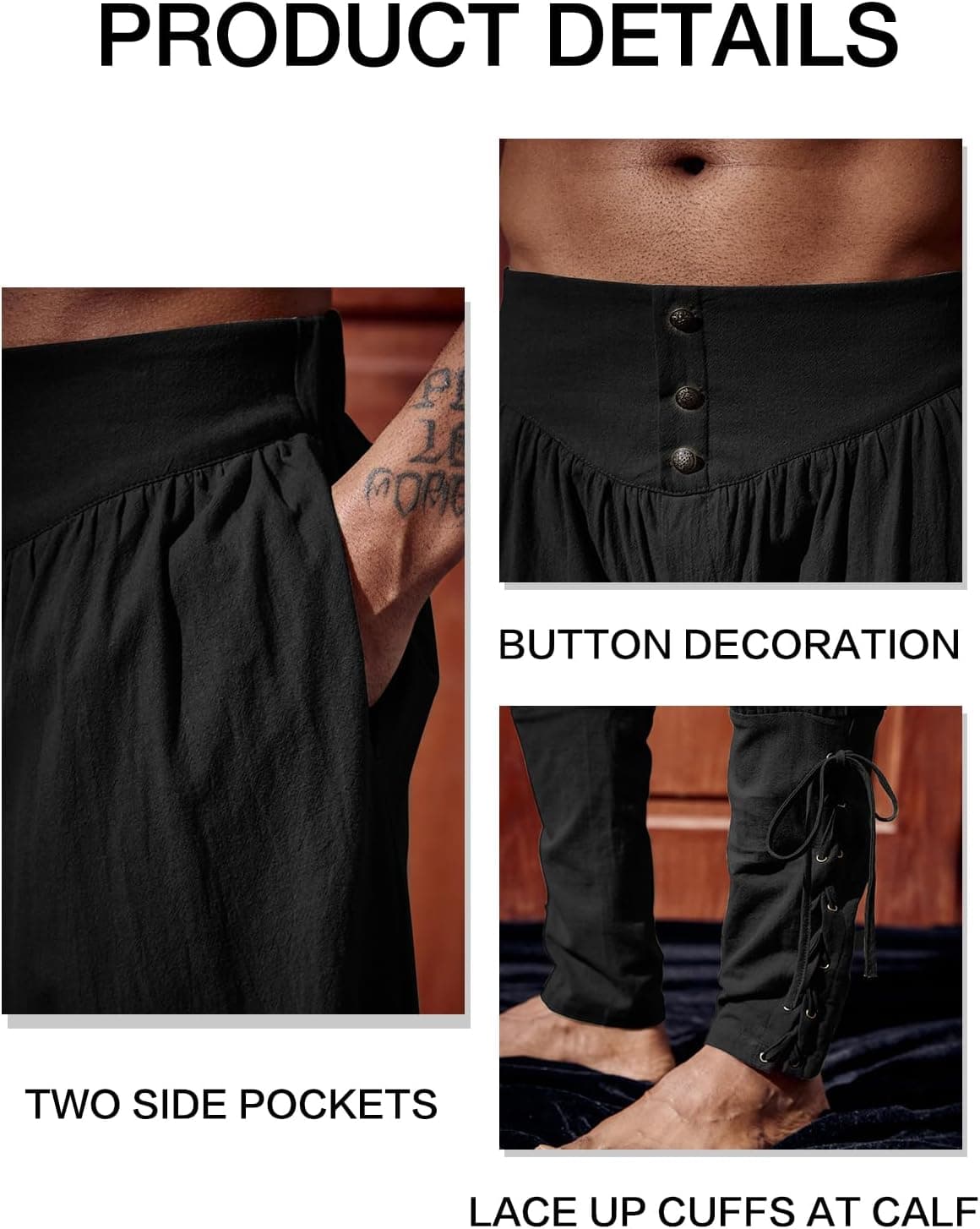 Runcati Mens Medieval Ankle Pants Renaissance Viking Linen Costume Trousers | Pirate, Lace Up, Tapered, Halloween, Two Side Pockets, Elastic Waist