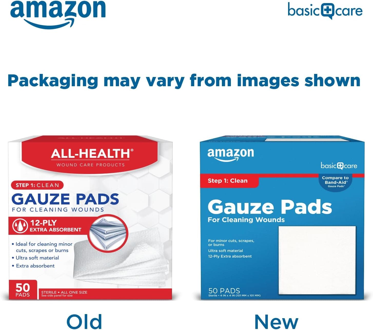 Amazon Basic Care Gauze Pads, 4x4" Sterile Medical Wound Dressing Sponges, 12-Ply, Extra Absorbent, for Cleaning, Covering & Cushioning Cuts & Minor Injuries, 50 Count, 1-Pack (Previously All Health)