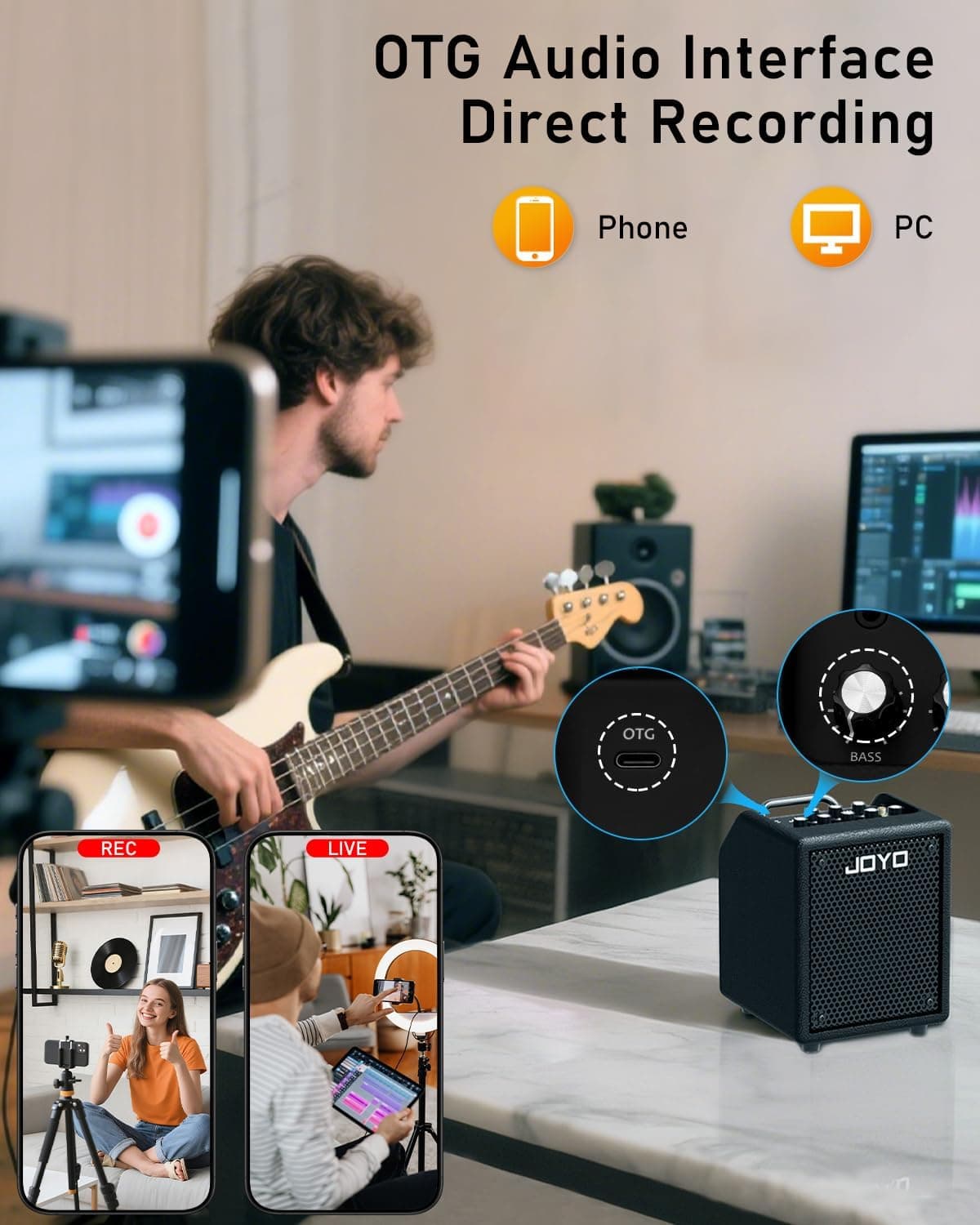 JOYO 30W Bass Amp Portable Combo Amplifier 4" Speaker with Bluetooth 5.1 + OTG Direct Recording | 3-Band EQ + Compressor | Headphone Practice for Bassist Livestream Solo Gigs (Vibe Cube BA-30, Black)